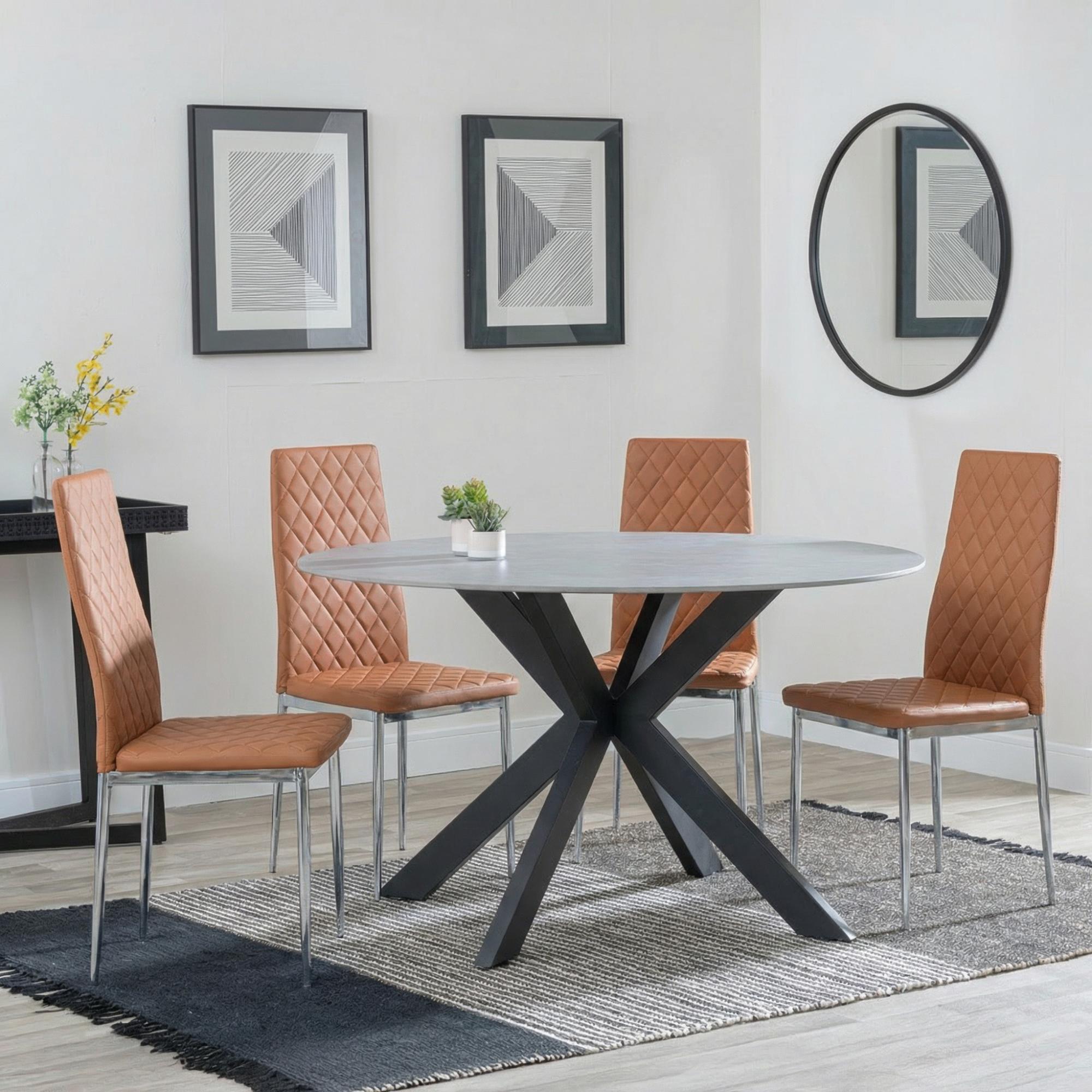 Novara Dining Set - 4 Seater - 130cm - Round - White Ceramic - 4x Metro Dining Chairs - Burnt Orange Leather - Chrome Legs