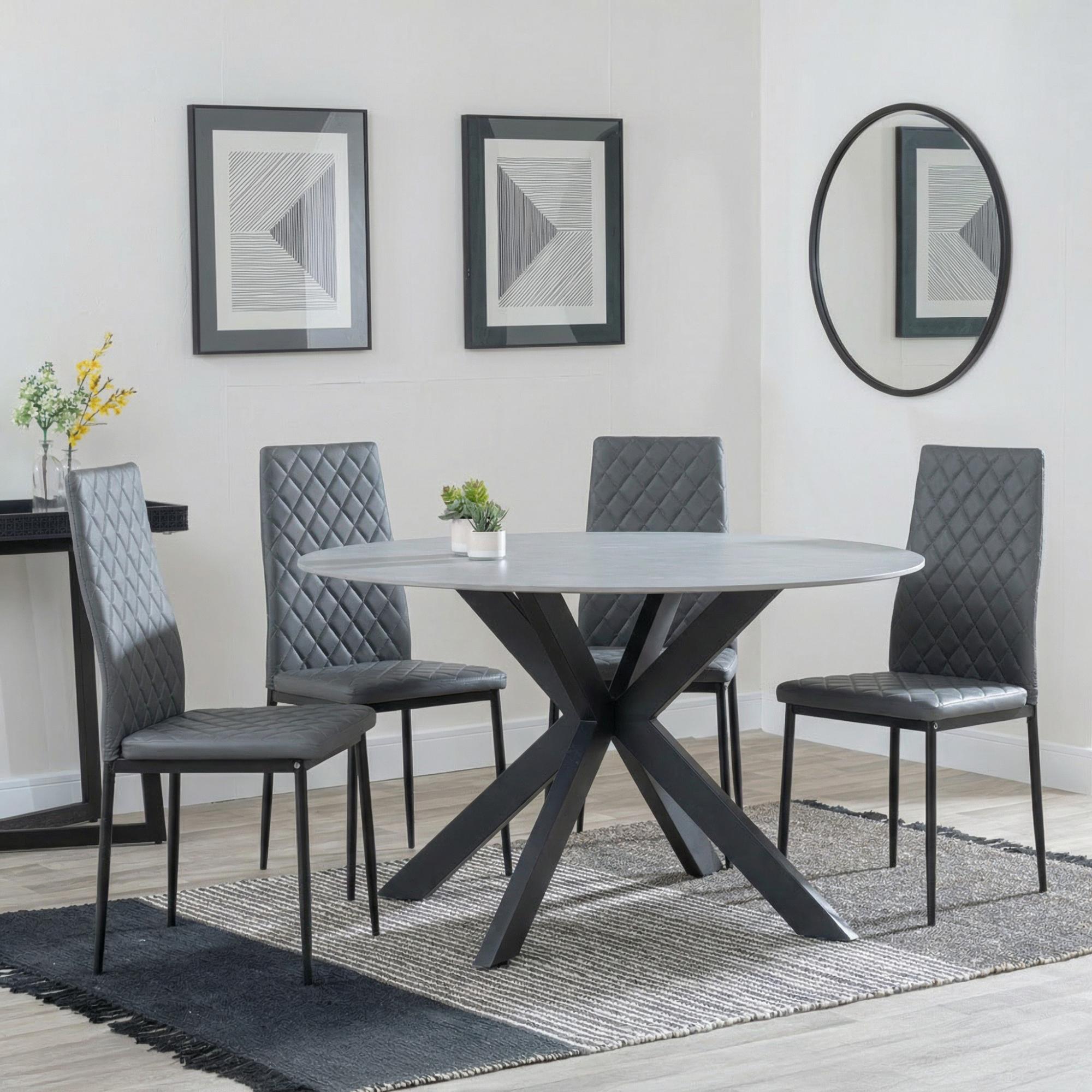 Novara Dining Set - 4 Seater - 130cm - Round - White Ceramic - 4x Metro Dining Chairs - Grey Leather - Black Legs