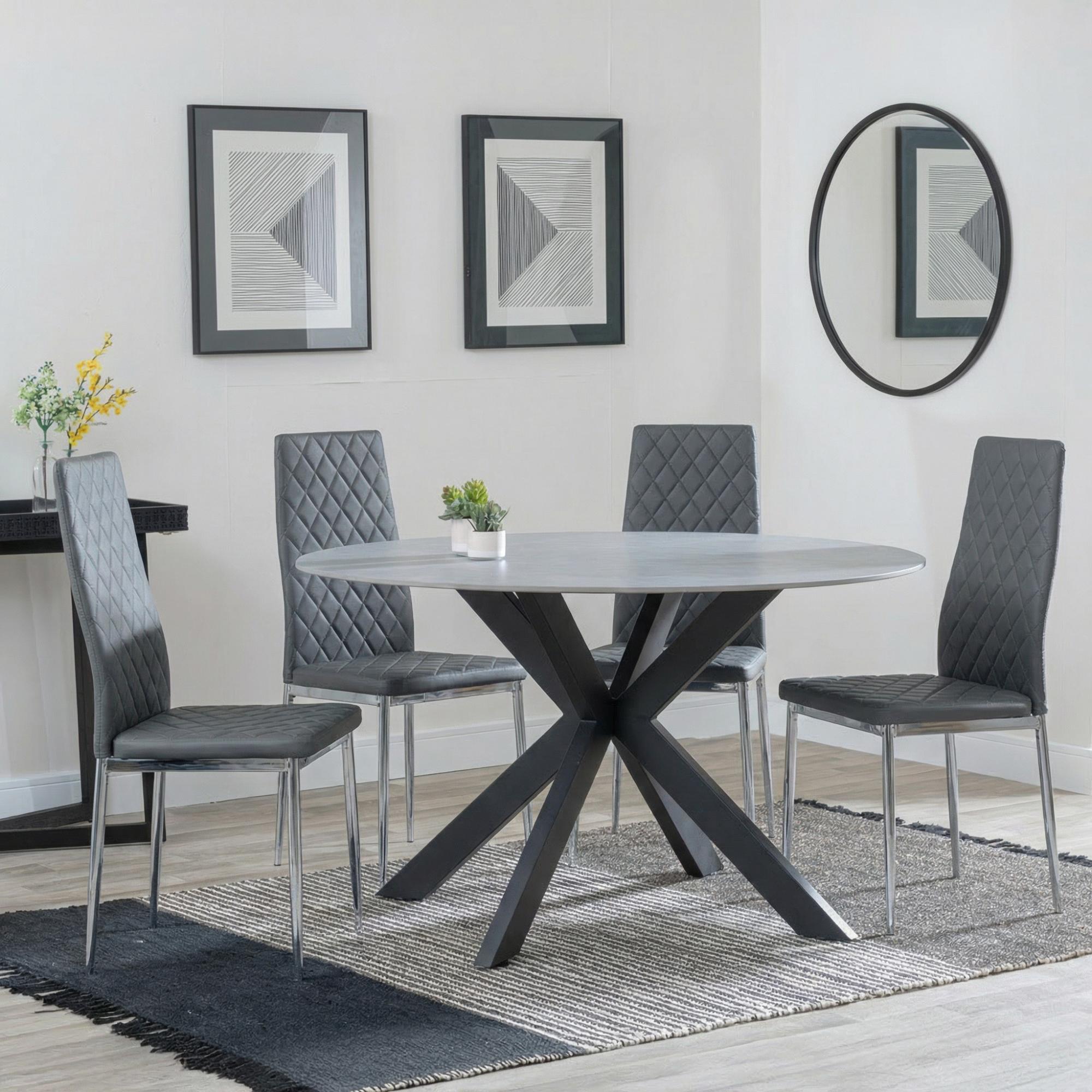 Novara Dining Set - 4 Seater - 130cm - Round - White Ceramic - 4x Metro Dining Chairs - Grey Leather - Chrome Legs
