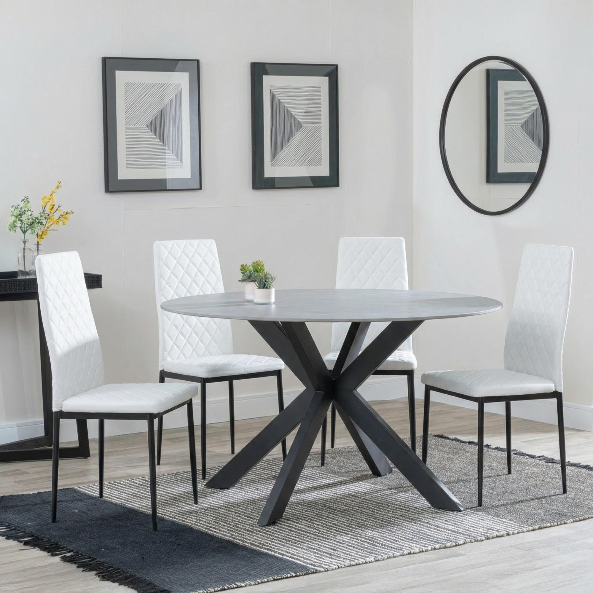 Novara Dining Set - 4 Seater - 130cm - Round - White Ceramic - 4x Metro Dining Chairs - White Leather - Black Legs
