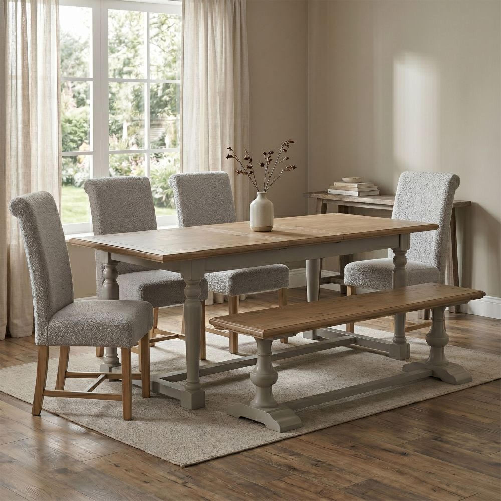 Chateau Extending Dining Set - 200cm-250cm - 8-10 Seater - Grey Painted - Pine - 4 Fabric Chairs - 1 Bench