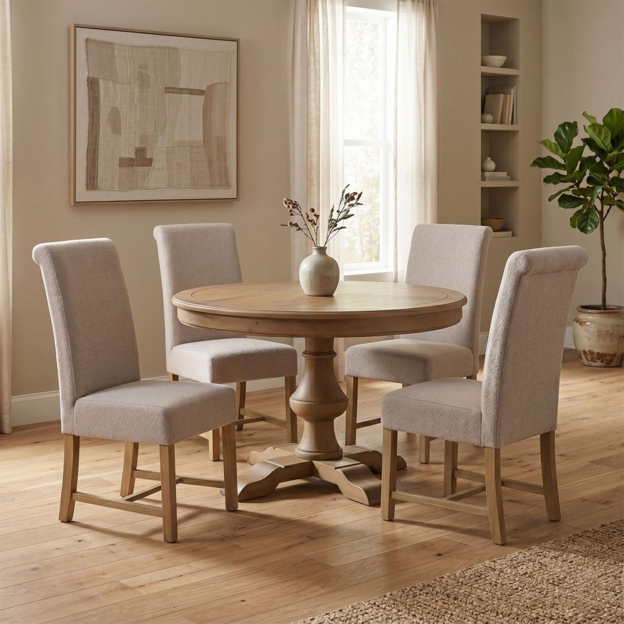 Chateau Dining Set - 120cm - 4 Seater - Round - Pedestal Base - Natural - Rustic Pine - 4 Fabric Chairs