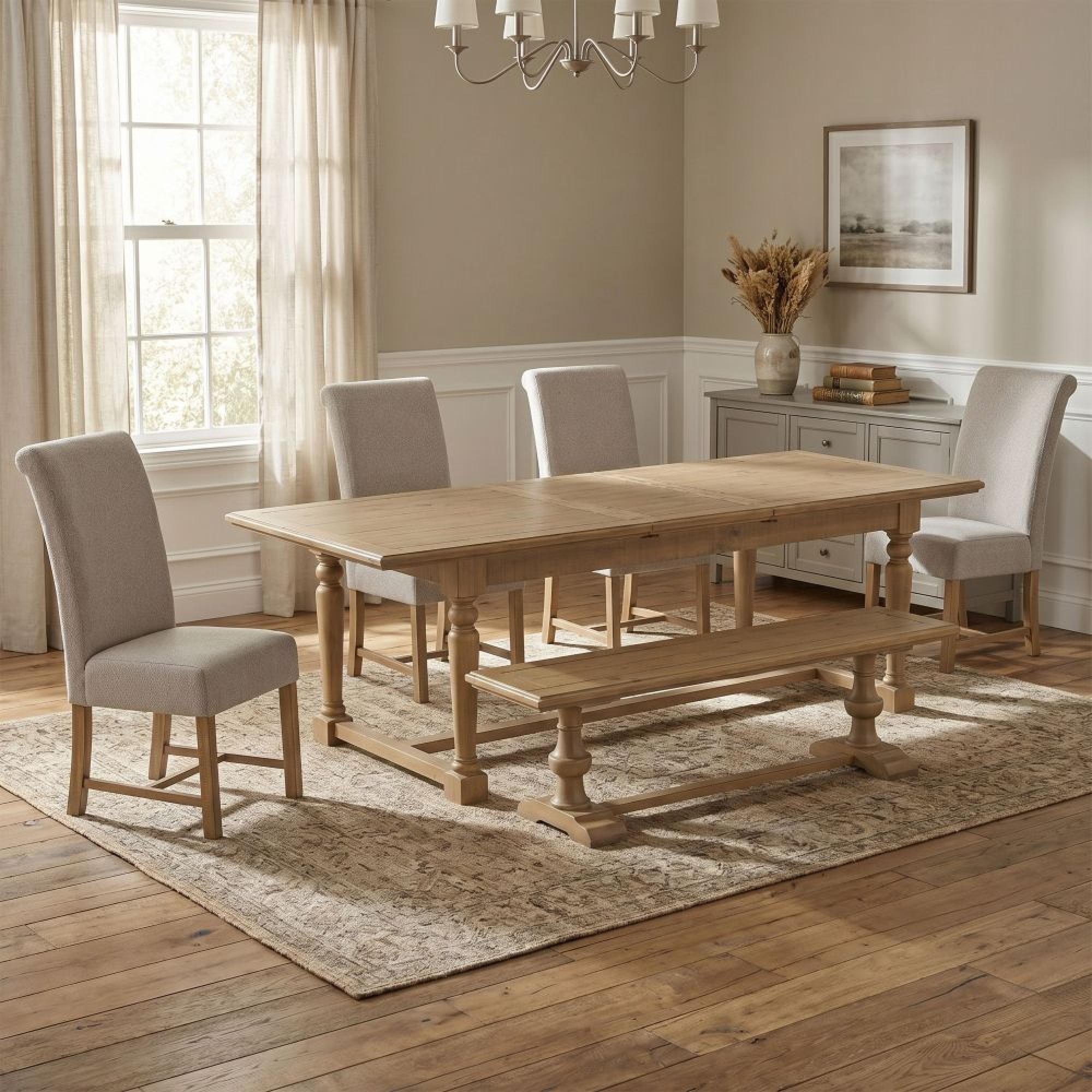 Chateau Extending Dining Set - 200cm-250cm - 8-10 Seater - Natural - Rustic Pine - 4 Fabric Chairs - 1 Bench