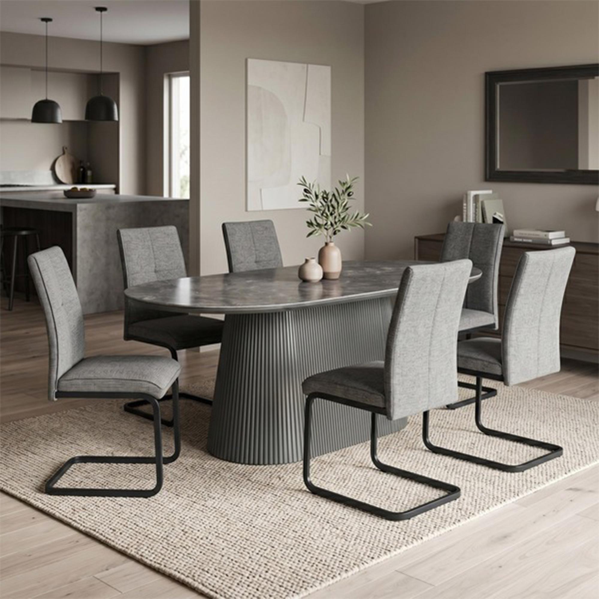 Barletta Dining Set - 180cm - 6 Seater - Oval - Fluted Base - Dark Grey - Sintered Stone and Wood - 6 Venezia Chairs