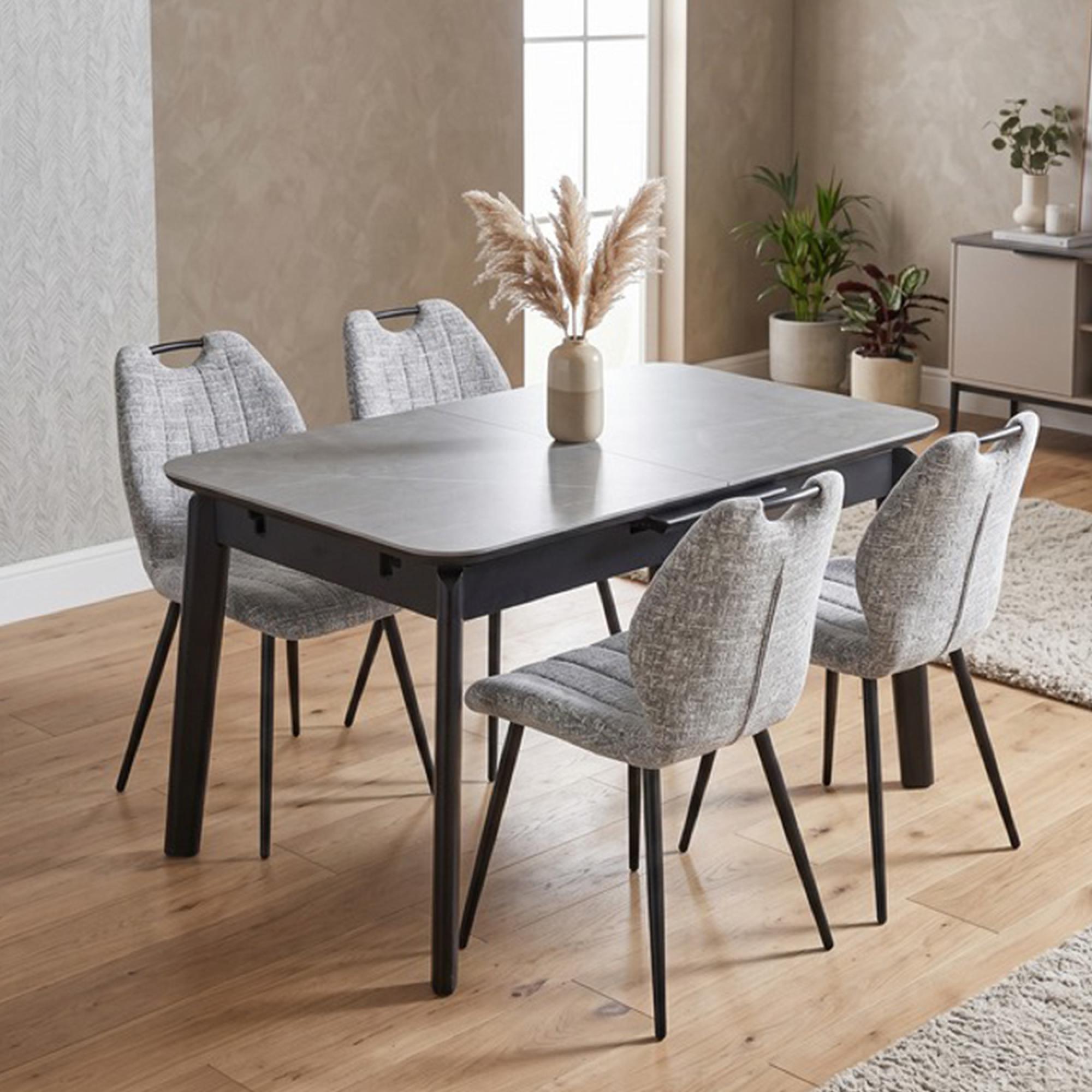 Turin Extending Dining Set - 130cm-160cm - 4-6 Seater - Grey and Black - Sintered Stone Top - 4 Light Grey Chair