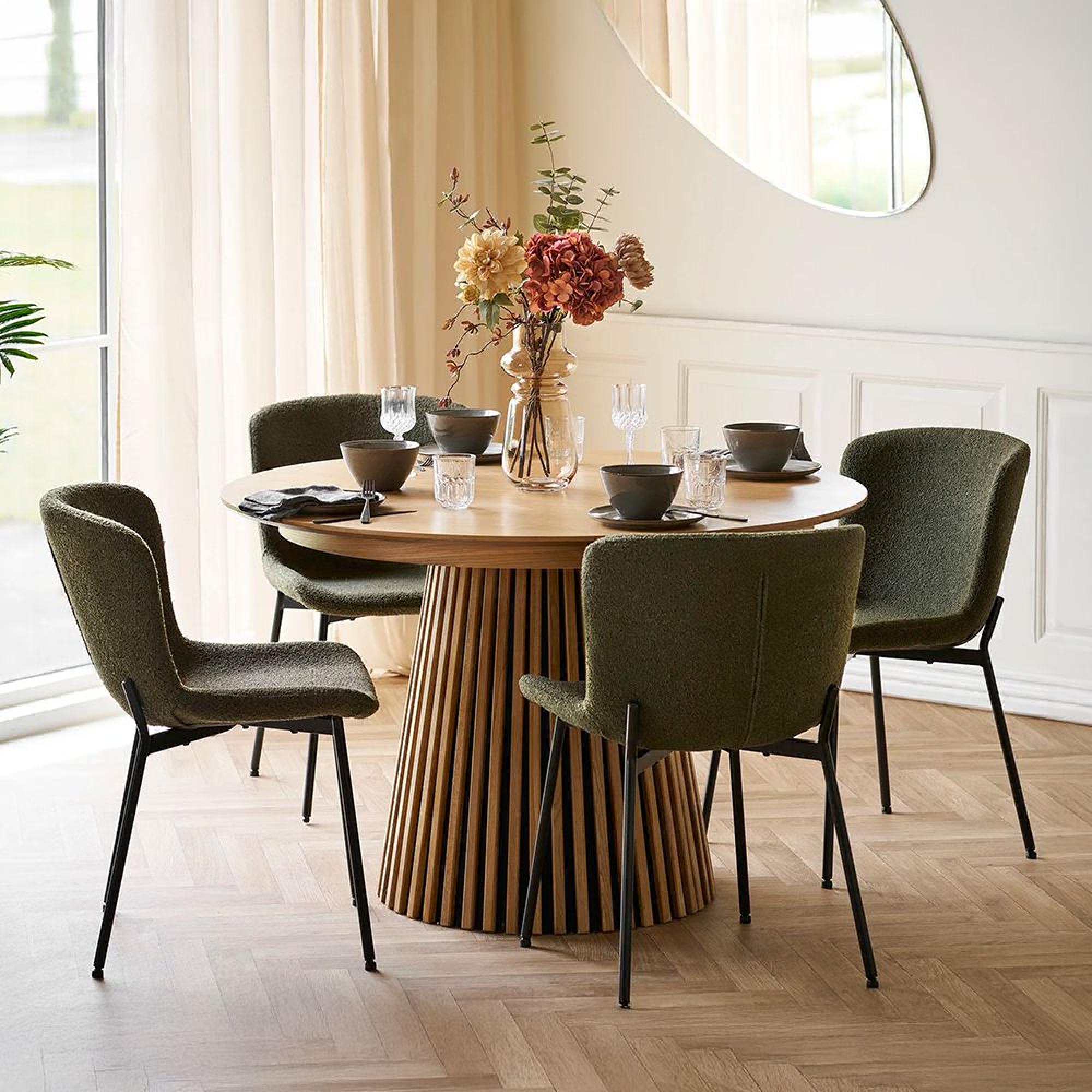 Osaka Oak Dining Set - 120cm - Round - Slatted Base - Natural - 4 Maceda Dark Green Chairs