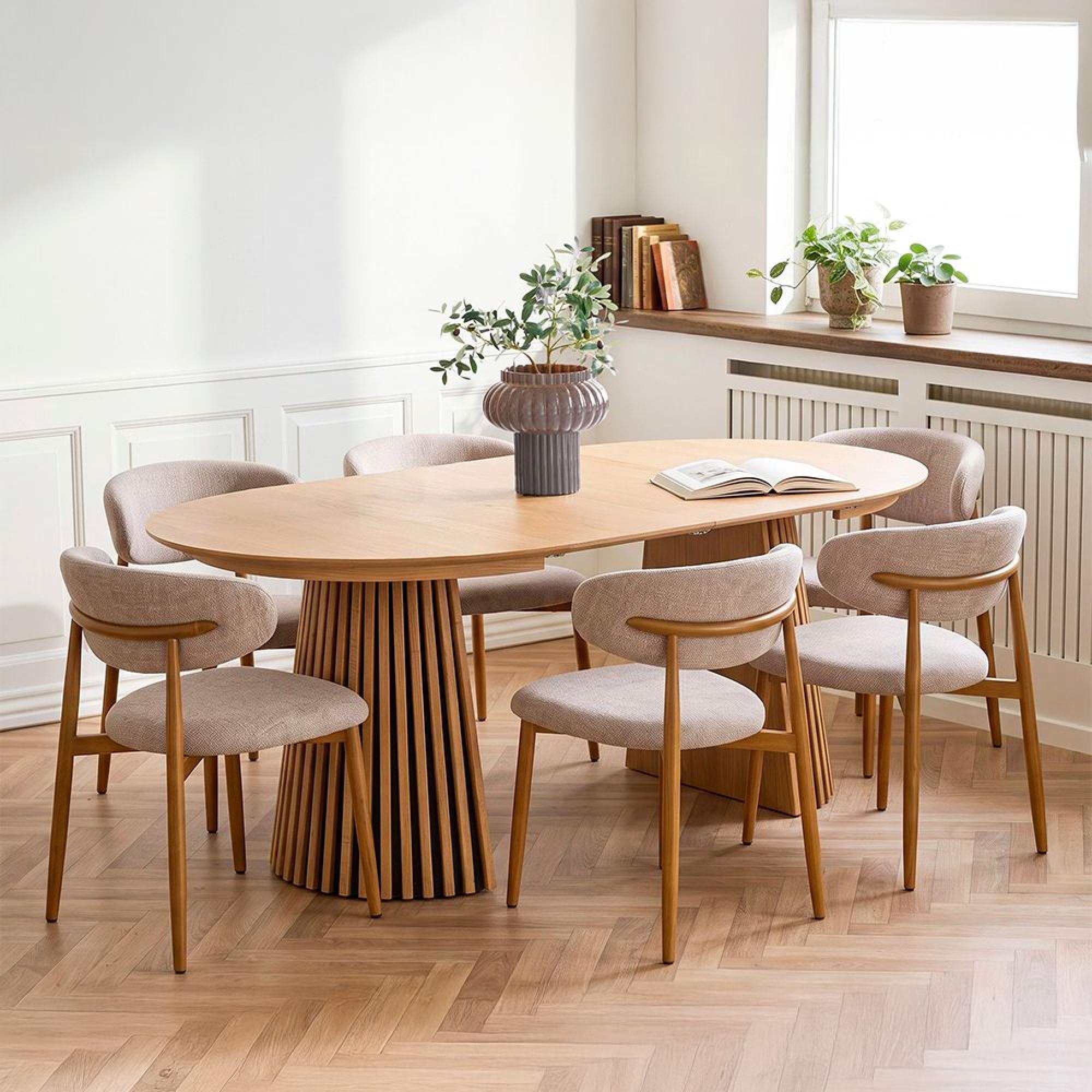 Osaka Oak Extending Dining Set - 120cm-200cm - Round - Slatted Base - Natural - 6 Isola Sand and Natural Chairs