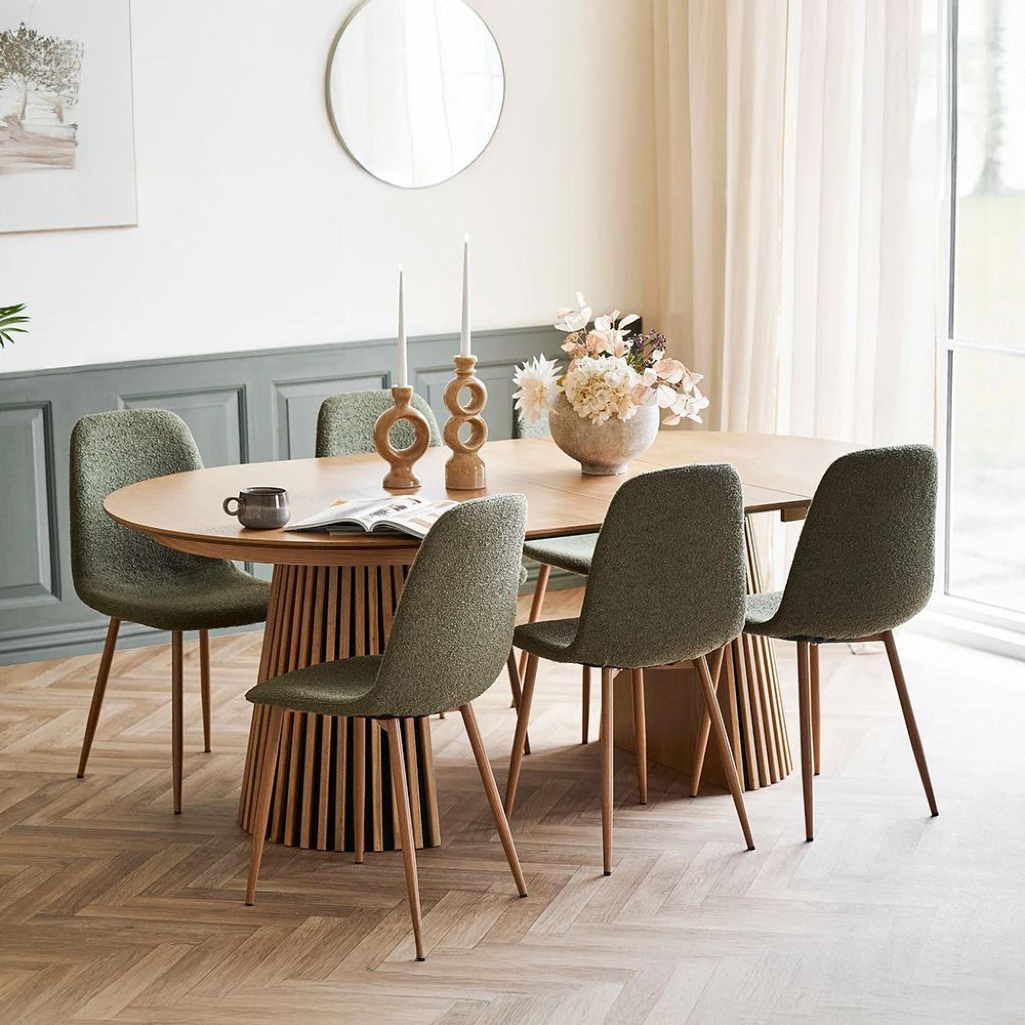 Osaka Oak Extending Dining Set - 120cm-200cm - Round - Slatted Base - Natural - 6 Stockholm Green Fabric Chairs