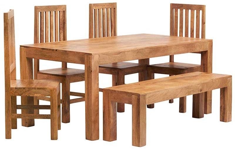 Ajmer Dining Set - 6 Seater - with 4 Chairs and 1 Bench - Light Mango Wood