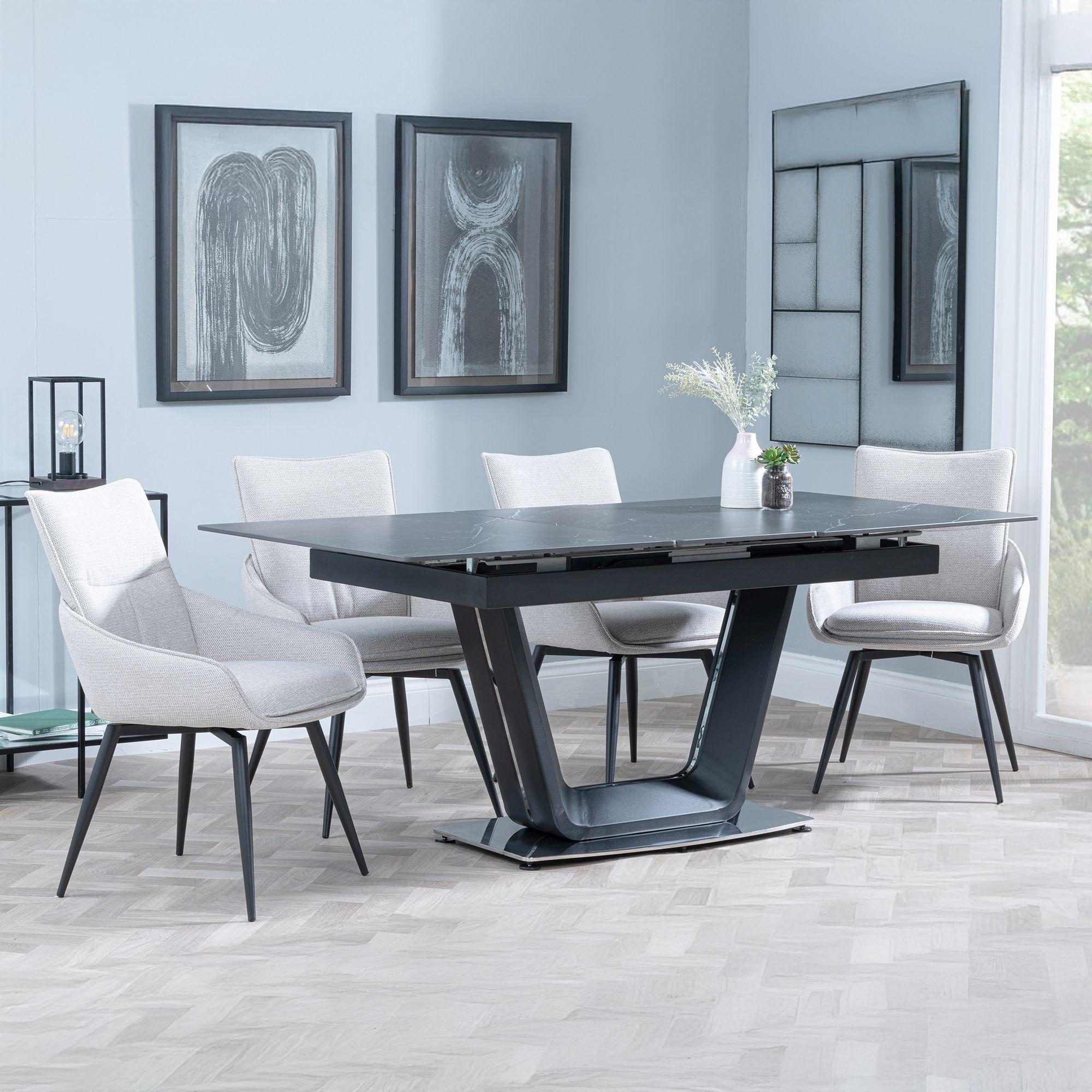 Alpha Extending Dining Set - 4-6 Seater - 140cm-180cm - Black Ceramic - Ace Swivel Dining Chair - Beige Fabric