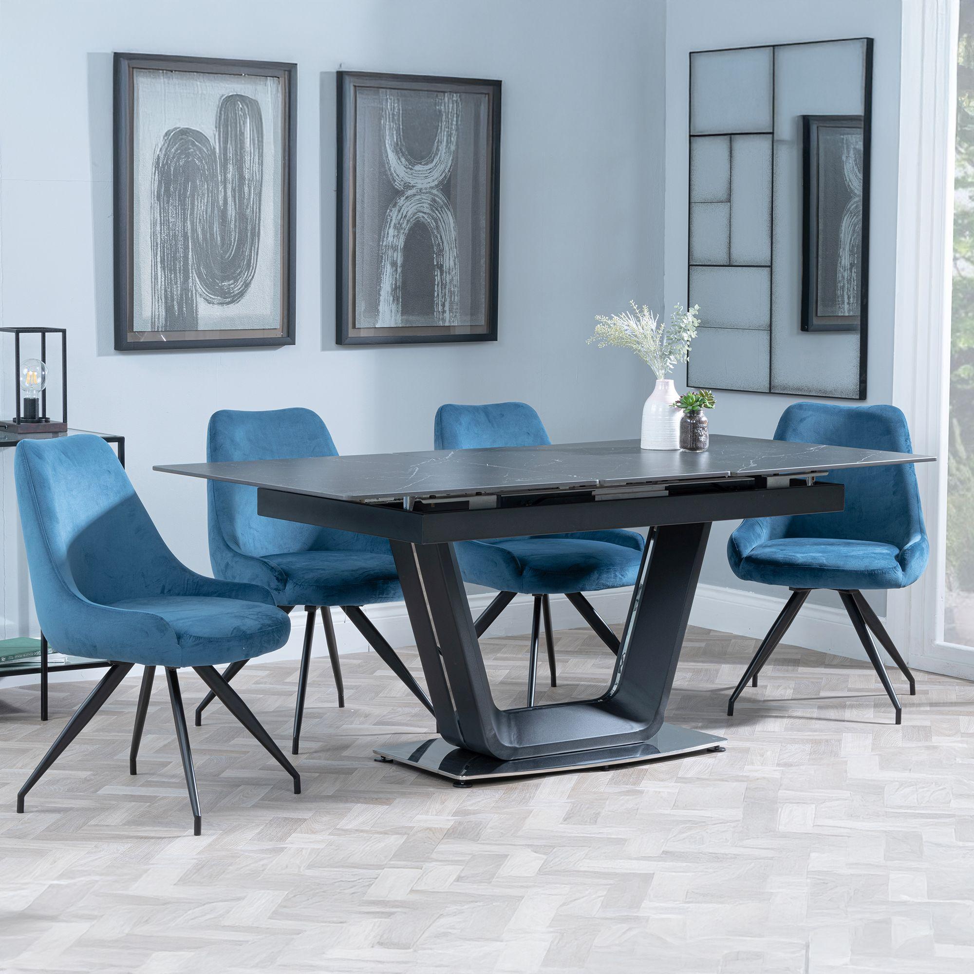 Alpha Extending Dining Set - 4-6 Seater - 140cm-180cm - Black Ceramic - Arctic Swivel Dining Chair - Blue Velvet Fabric