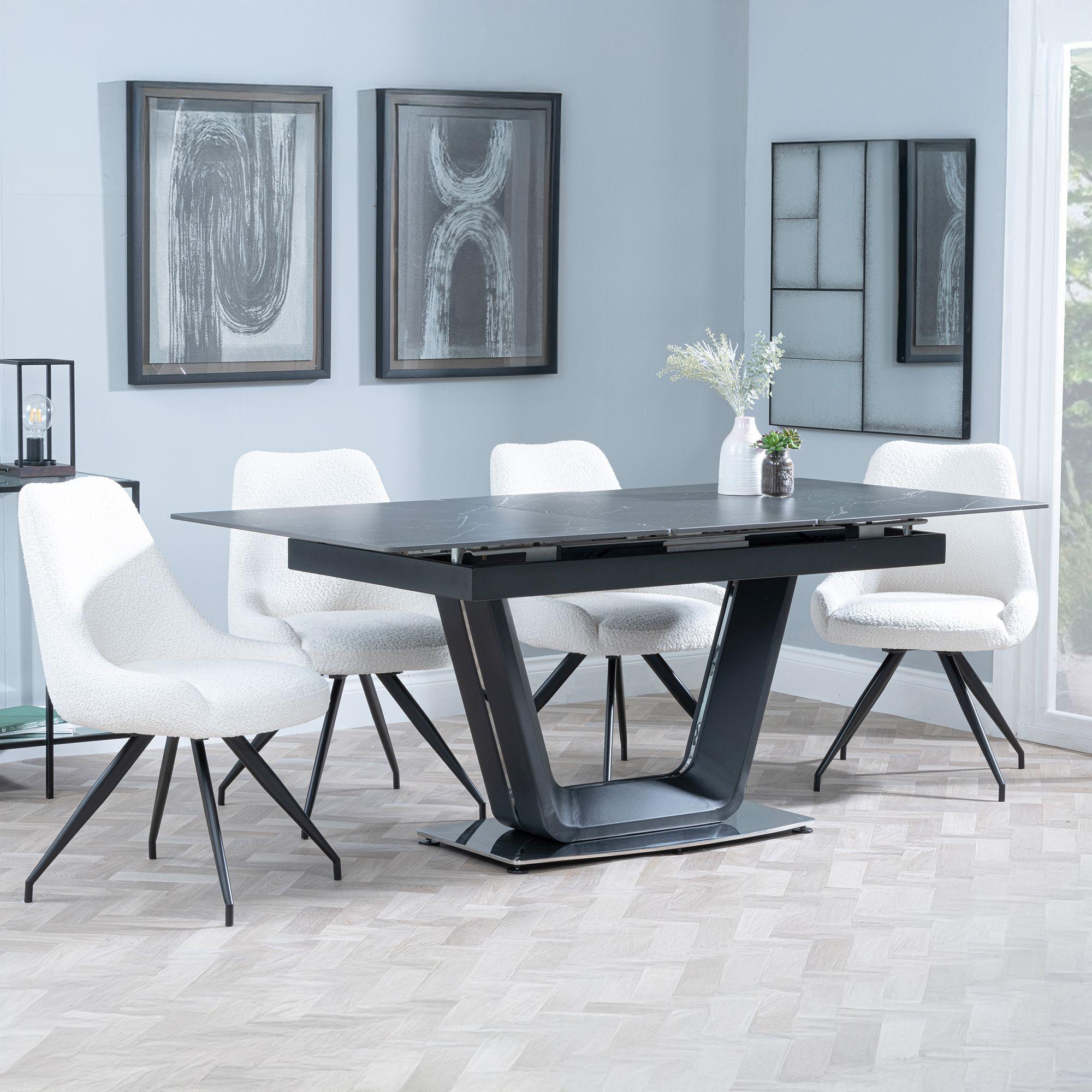 Alpha Extending Dining Set - 4-6 Seater - 140cm-180cm - Black Ceramic - Arctic Swivel Dining Chair - Cream Velvet Fabric