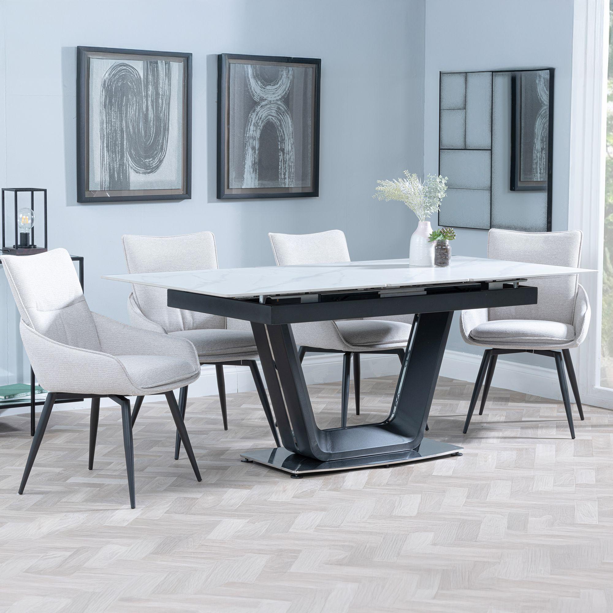 Alpha Extending Dining Set - 4-6 Seater - 140cm-180cm - White Ceramic - Ace Swivel Dining Chair - Beige Fabric