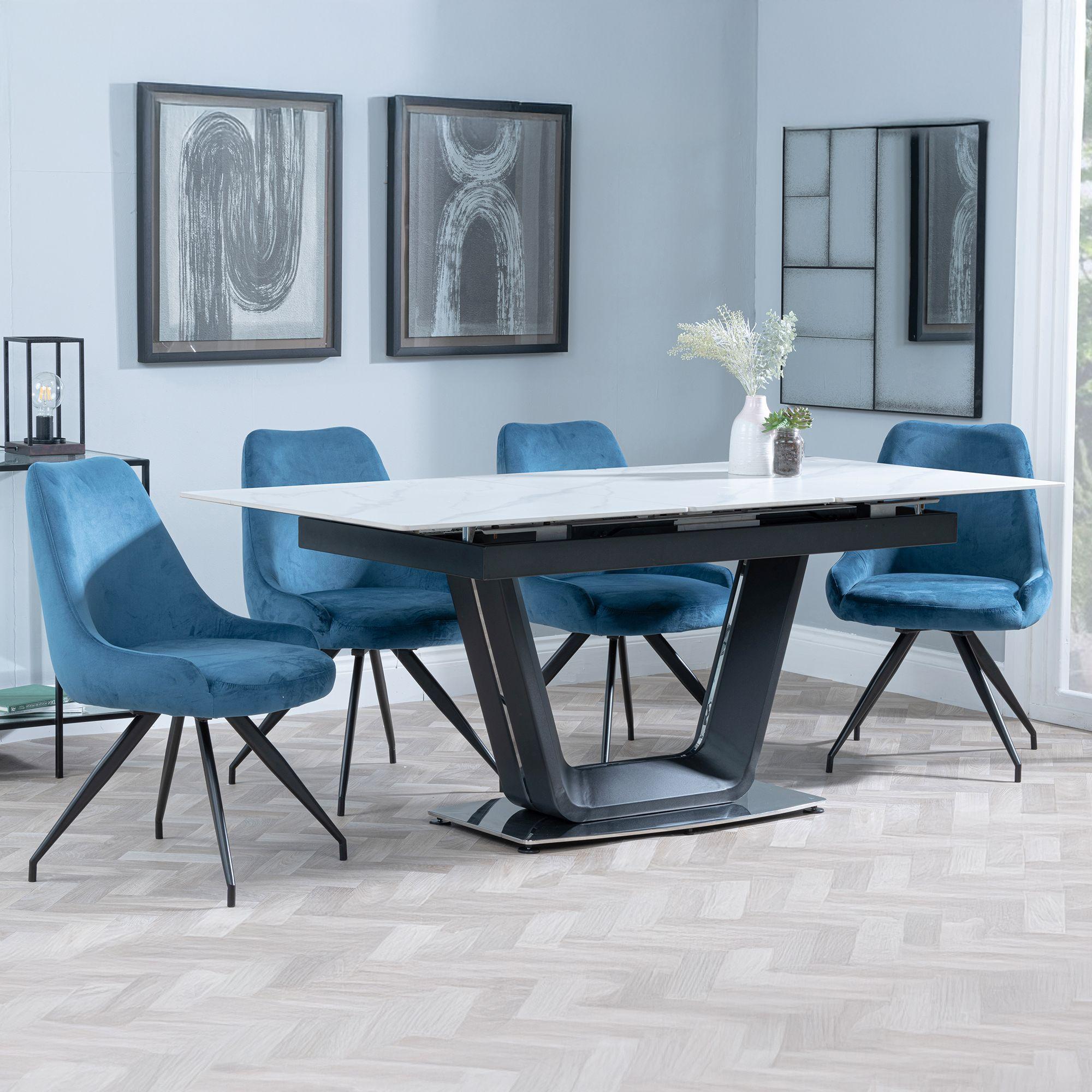 Alpha Extending Dining Set - 4-6 Seater - 140cm-180cm - White Ceramic - Arctic Swivel Dining Chair - Blue Velvet Fabric