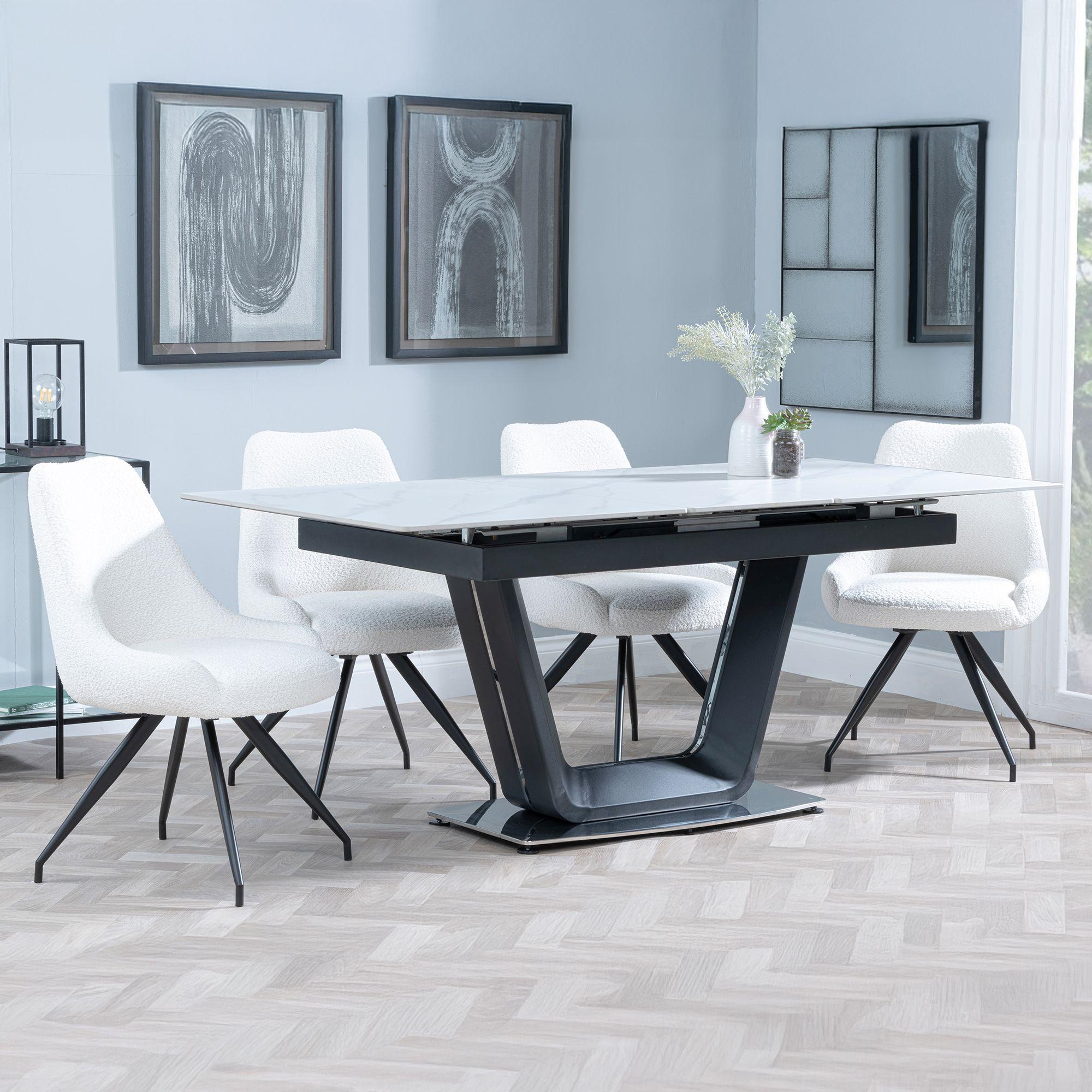 Alpha Extending Dining Set - 4-6 Seater - 140cm-180cm - White Ceramic - Arctic Swivel Dining Chair - Cream Velvet Fabric