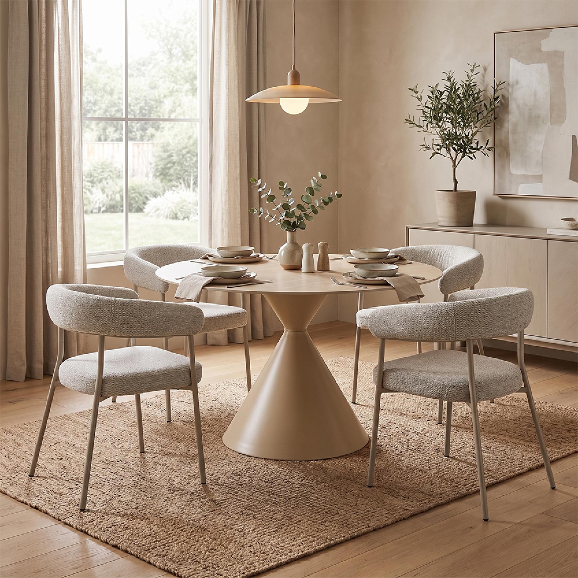 Annecy Dining Set - 120cm - Round - Hourglass Base - Sand - Ceramic and Metal - 4 Trivio Armchairs