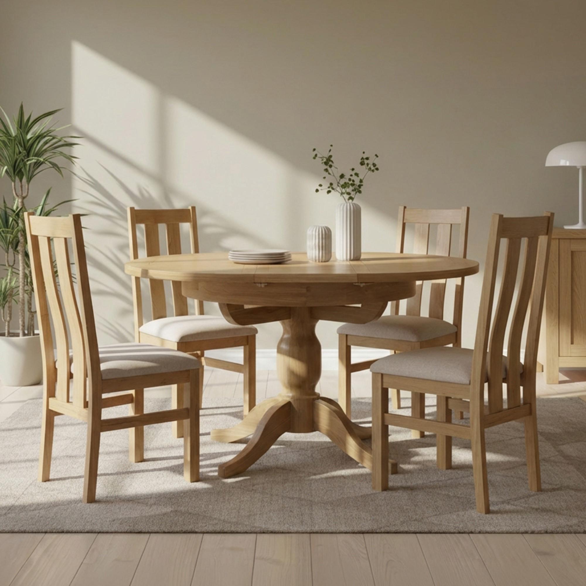 Appleby Extending Dining Set - 2-4 Seater - 100cm-140cm - Oak - with 4 Arizona Slatted Chairs - Beige Fabric Seat Pad