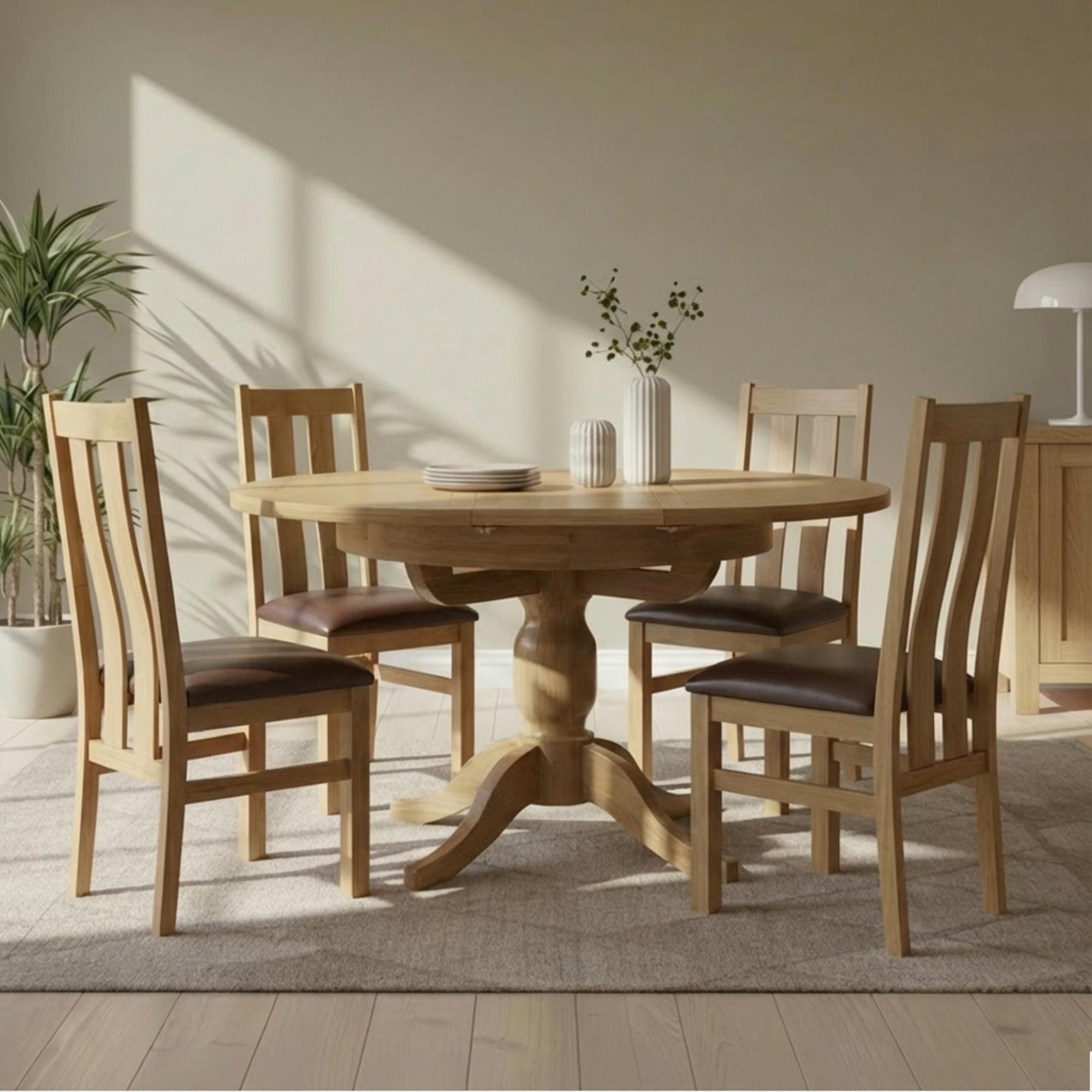 Appleby Extending Dining Set - 2-4 Seater - 100cm-140cm - Oak - with 4 Arizona Slatted Chairs - Black Faux Leather Seat Pad
