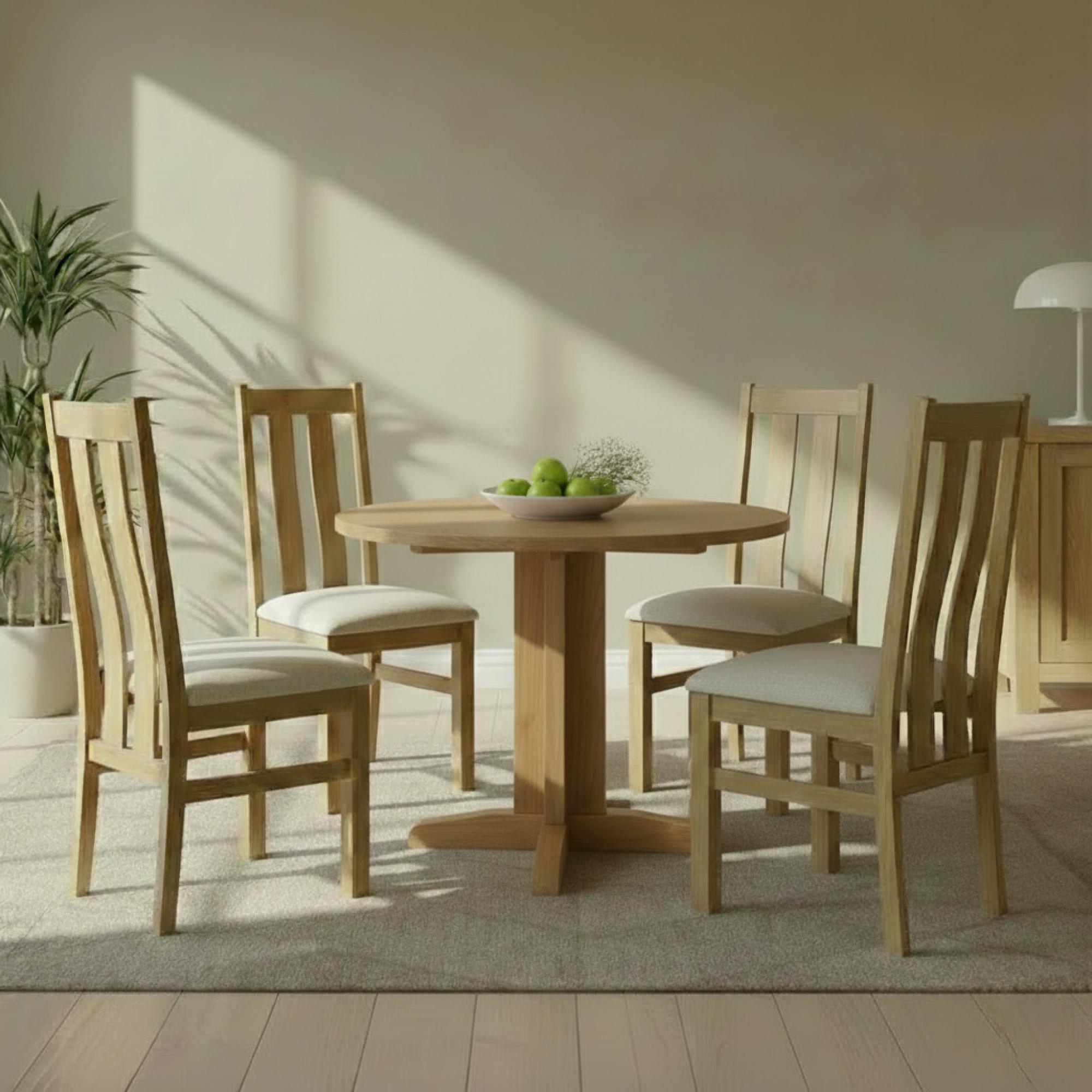 Appleby Round Drop Leaf Dining Set - 4 Seater - 30cm-90cm - Oak - with 4 Arizona Slatted Chairs - Beige Fabric Seat Pad
