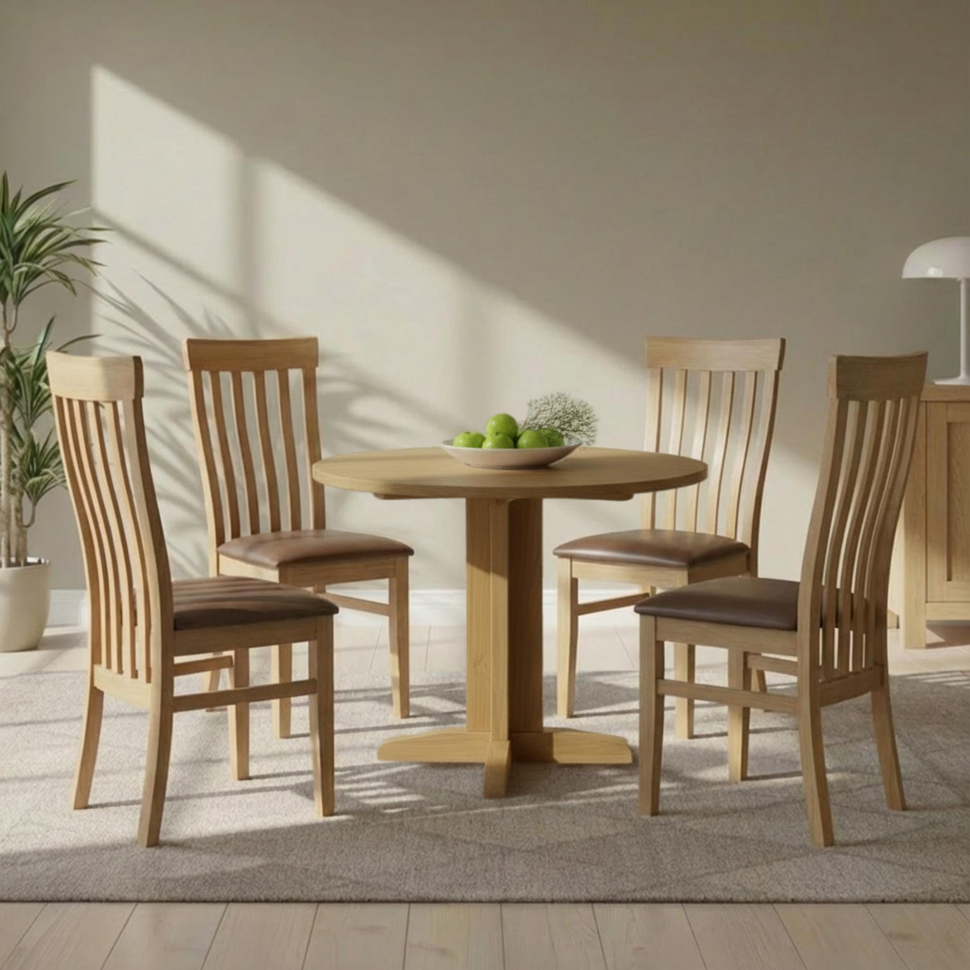 Appleby Round Drop Leaf Dining Set - 4 Seater - 30cm-90cm - Oak - with 4 Toulouse Chairs - Black Faux Leather Seat Pad