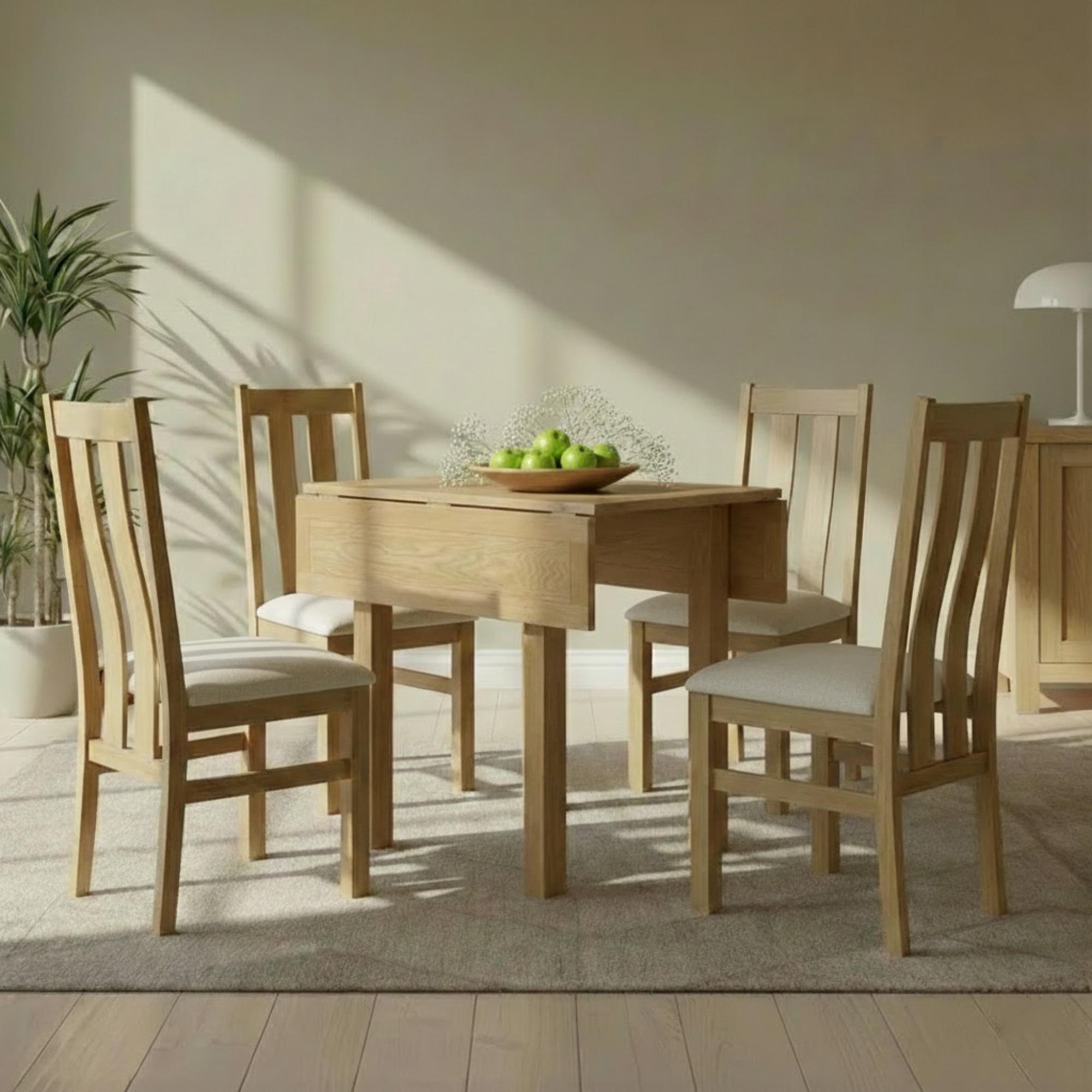 Appleby Square Drop Leaf Dining Set - 4 Seater - 90cm - Oak - with 4 Arizona Slatted Chairs - Beige Fabric Seat Pad