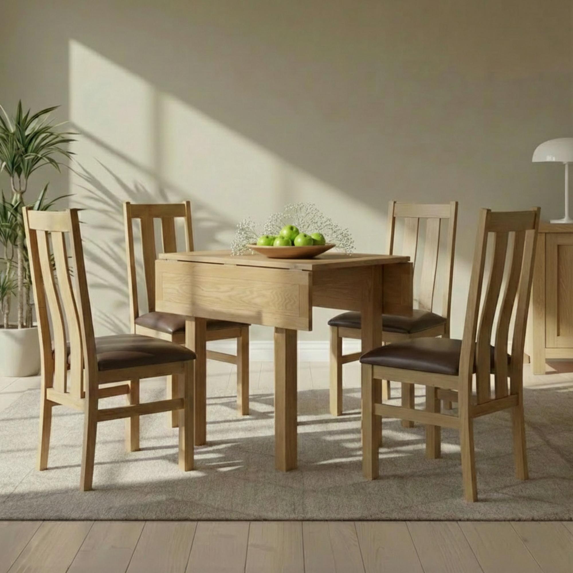 Appleby Square Drop Leaf Dining Set - 4 Seater - 90cm - Oak - with 4 Arizona Slatted Chairs - Black Faux Leather Seat Pad