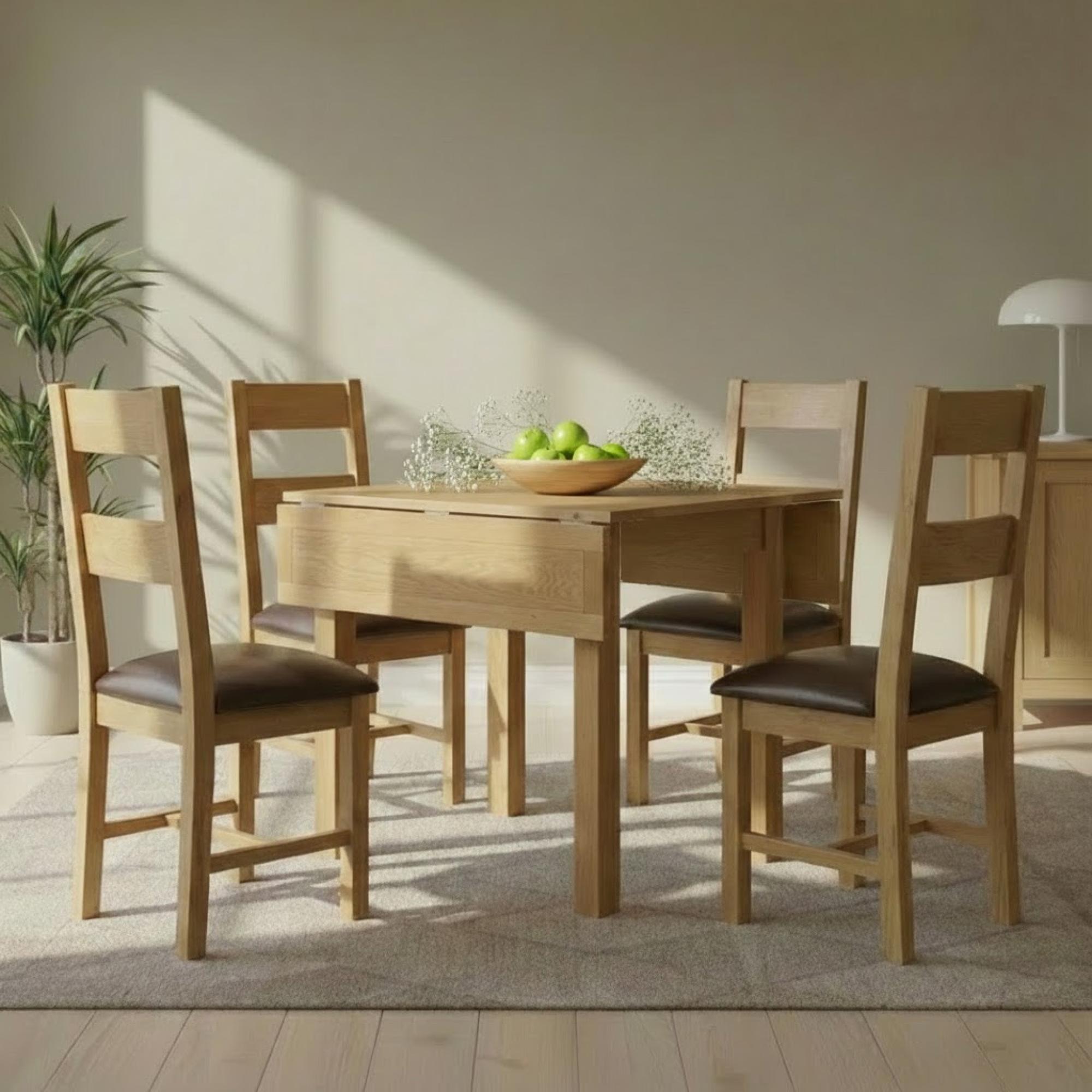 Appleby Square Drop Leaf Dining Set - 4 Seater - 90cm - Oak - with 4 Ladder Back Chairs - Black Faux Leather Seat Pad