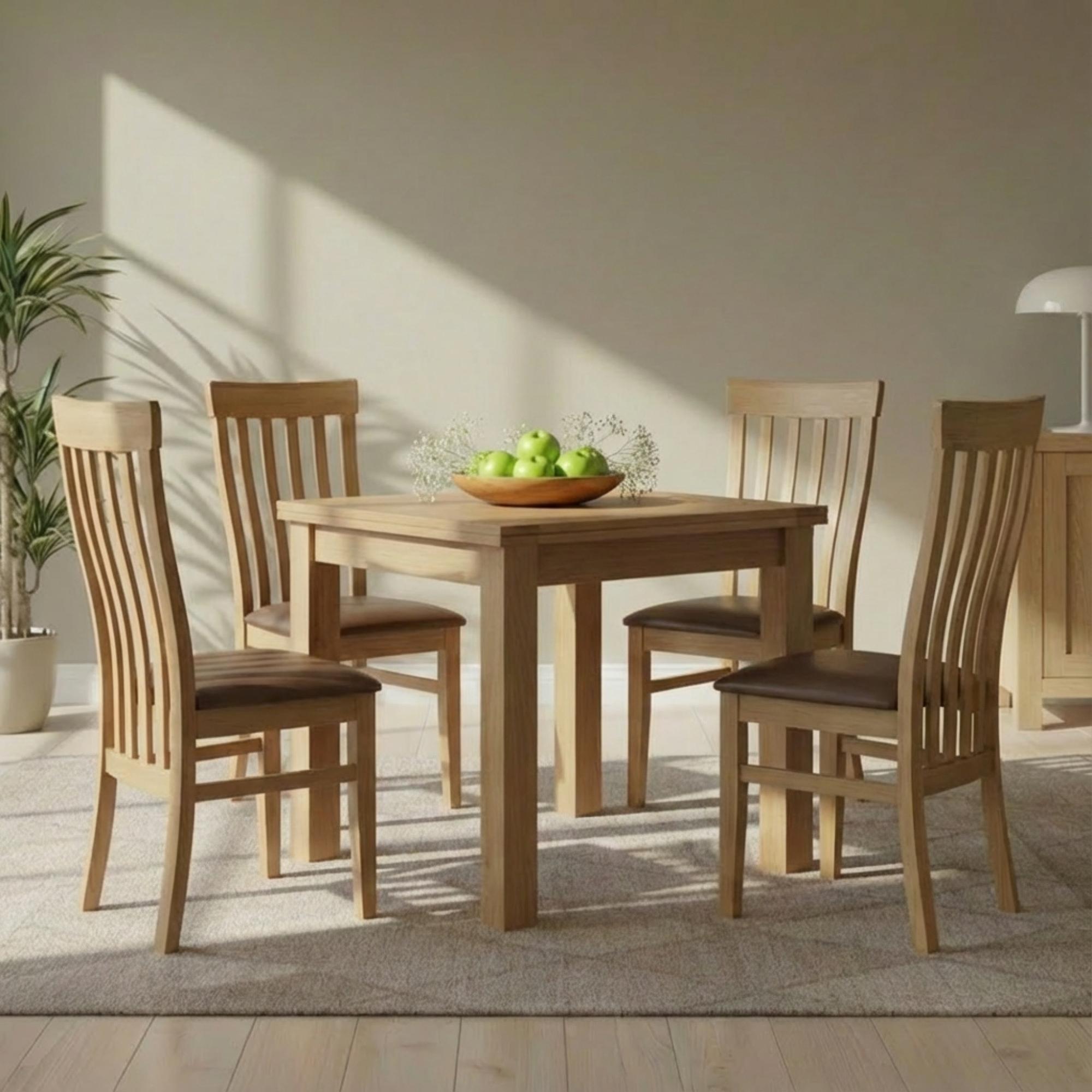 Appleby Flip Top Extending Dining Set - 2-6 Seater - 91cm-183cm - Oak - with 4 Toulouse Chairs - Black Faux Leather Seat Pad