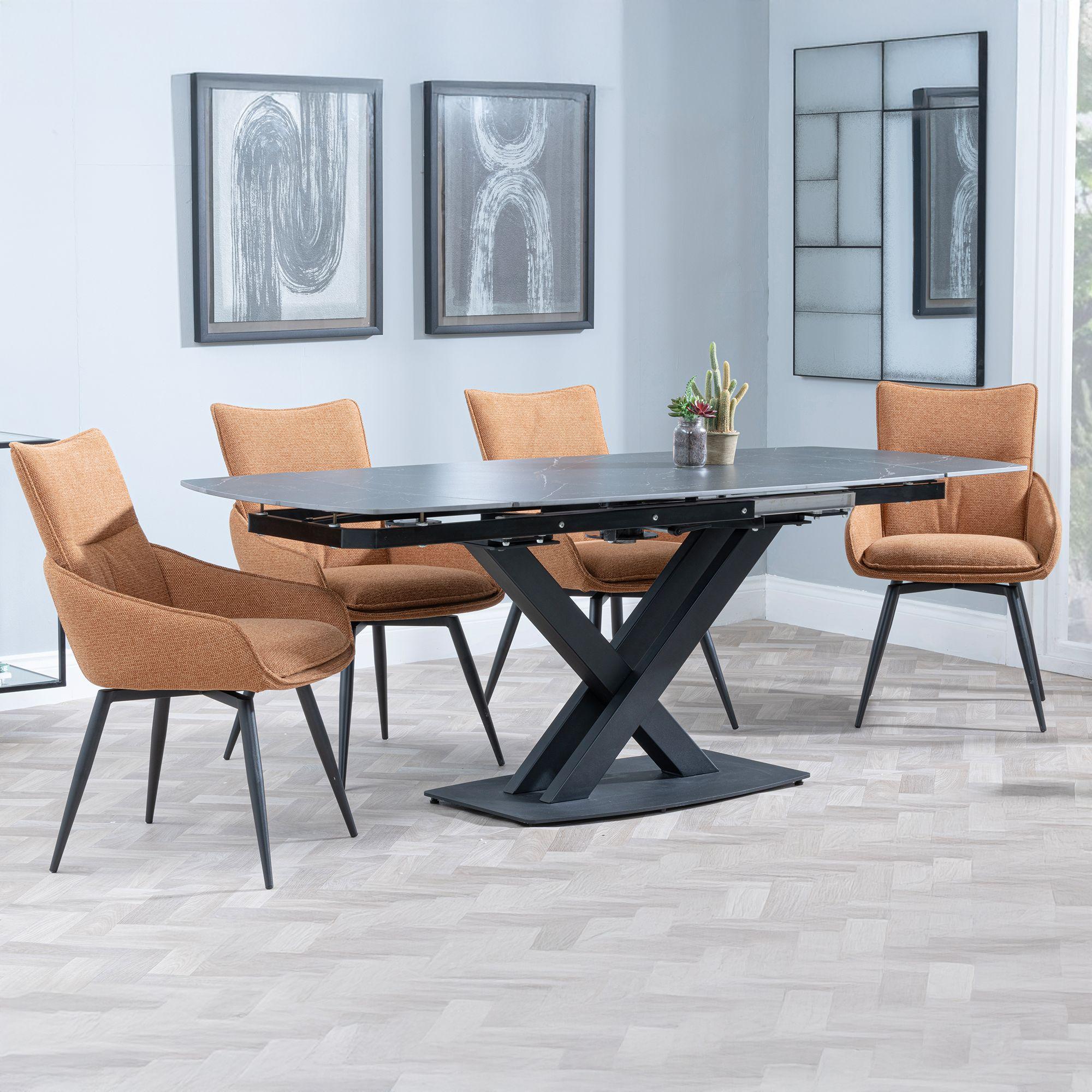 Arctic Extending Dining Set - 4-8 Seater - 140cm-200cm - Black Ceramic Swivel Top - Ace Swivel Dining Chair - Orange Fabric