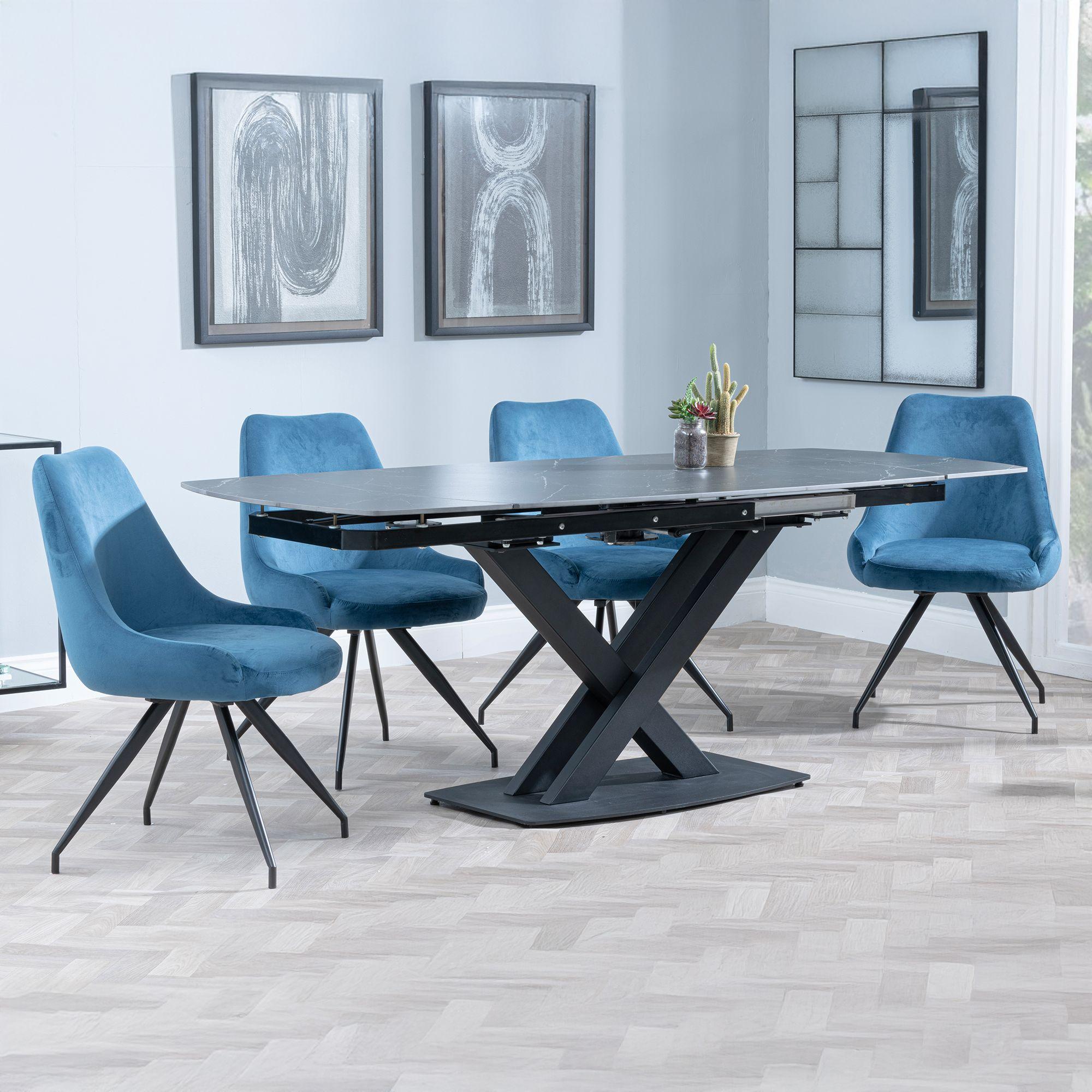 Arctic Extending Dining Set - 4-8 Seater - 140cm-200cm - Black Ceramic Swivel Top - Arctic Swivel Dining Chair - Blue Velvet Fabric