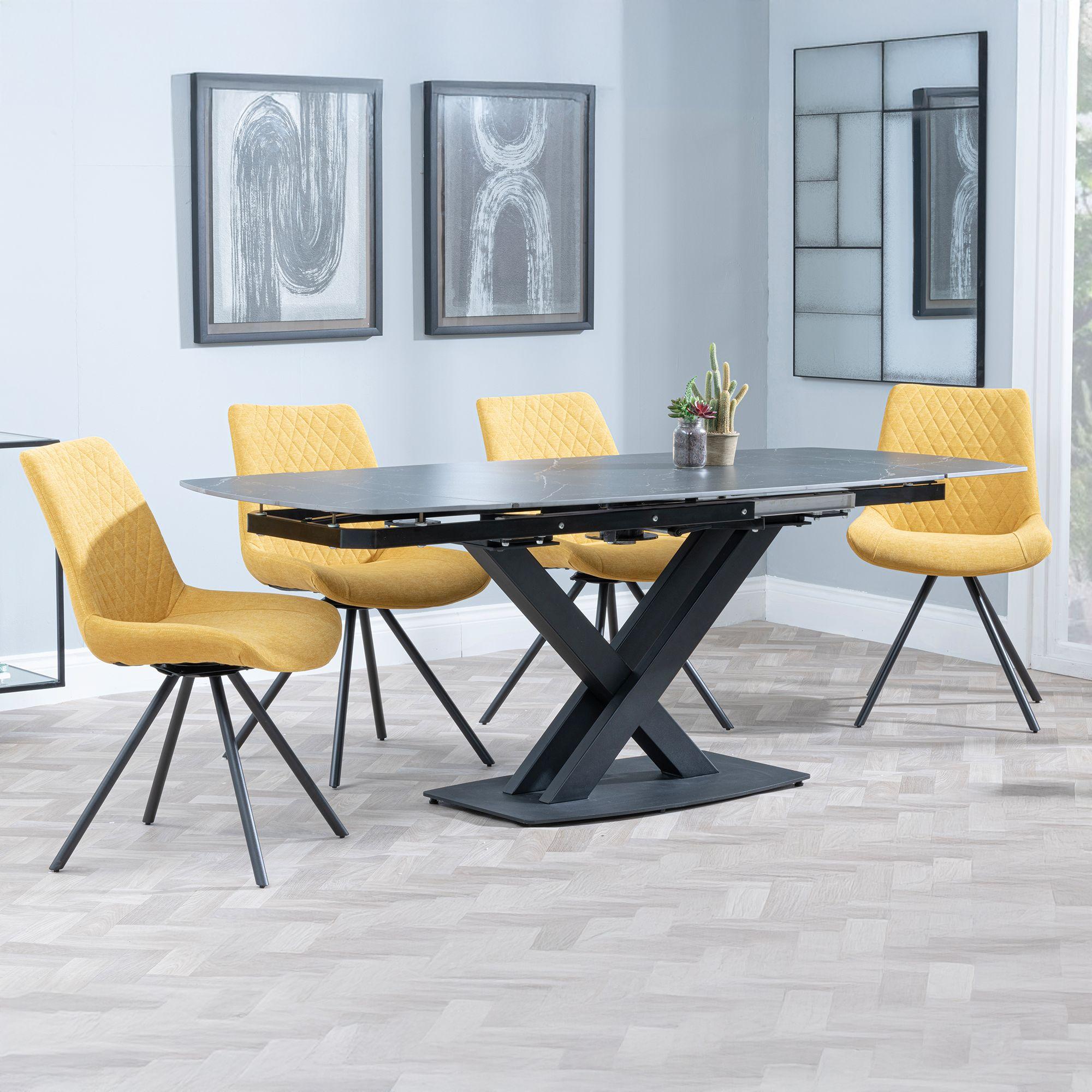Arctic Extending Dining Set - 4-8 Seater - 140cm-200cm - Black Ceramic Swivel Top - Boden Swivel Dining Chair - Yellow Fabric