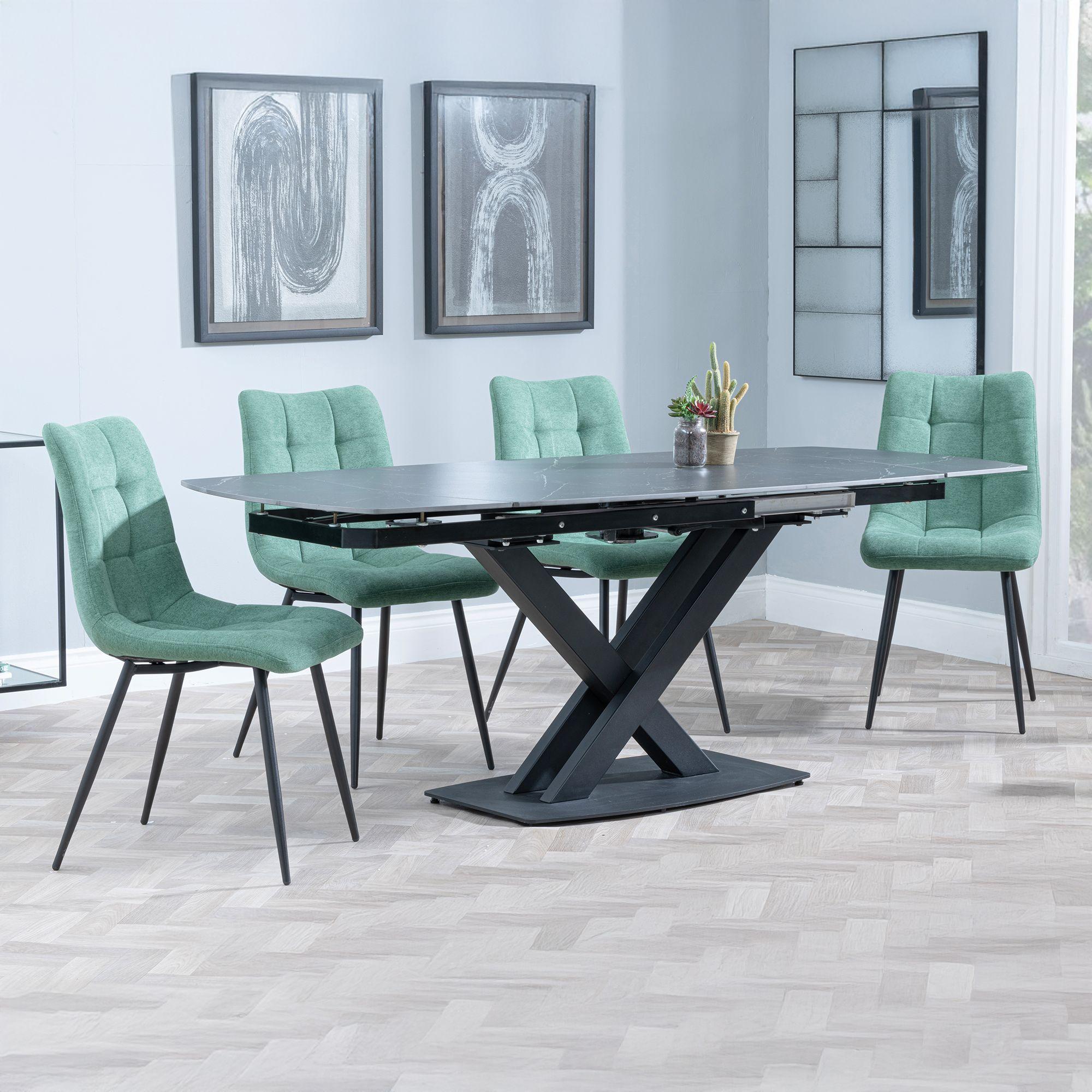 Arctic Extending Dining Set - 4-8 Seater - 140cm-200cm - Black Ceramic Swivel Top - Corona Dining Chair - Green Fabric