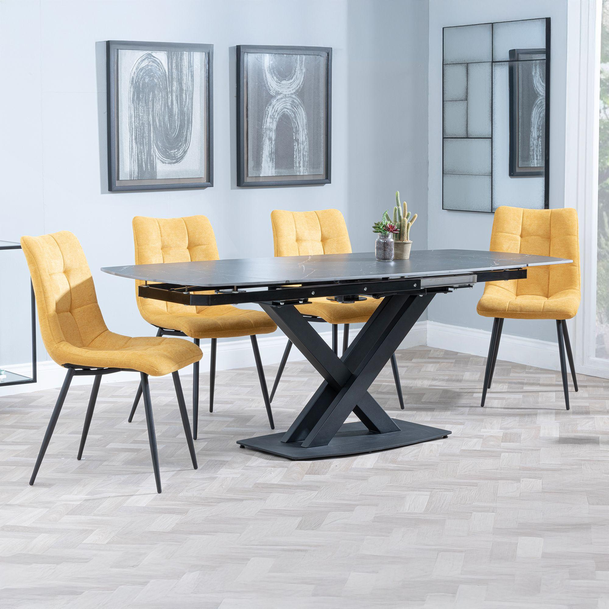 Arctic Extending Dining Set - 4-8 Seater - 140cm-200cm - Black Ceramic Swivel Top - Corona Dining Chair - Yellow Fabric