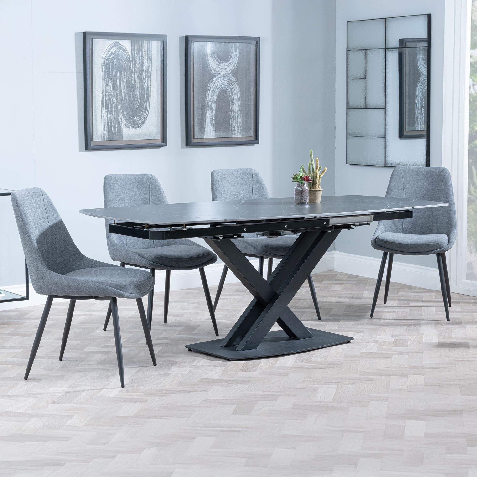 Arctic Extending Dining Set - 4-8 Seater - 140cm-200cm - Black Ceramic Swivel Top - Darwin Dining Chair - Grey Fabric