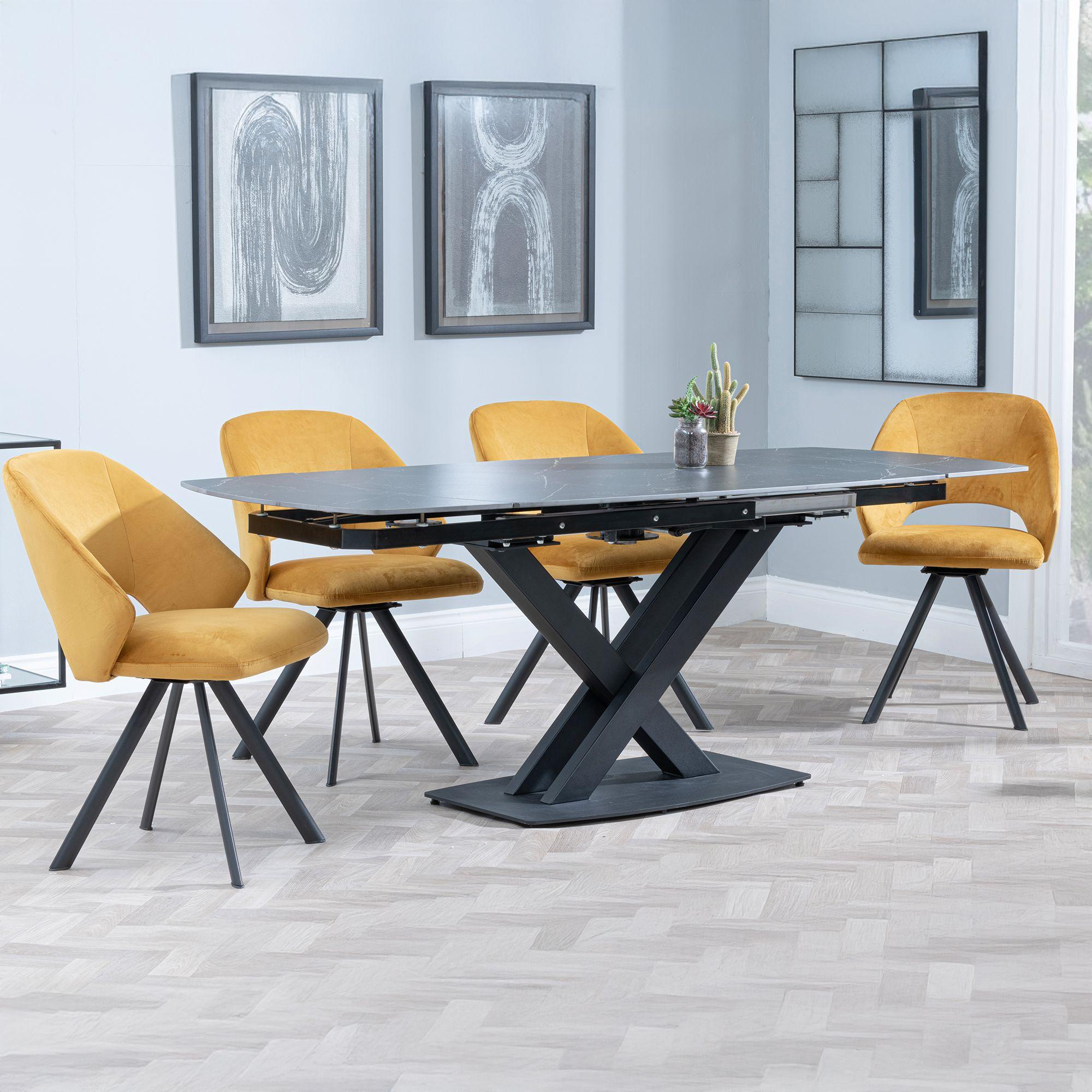 Arctic Extending Dining Set - 4-8 Seater - 140cm-200cm - Black Ceramic Swivel Top - Ion Swivel Dining Chair - Mustard Velvet Fabric