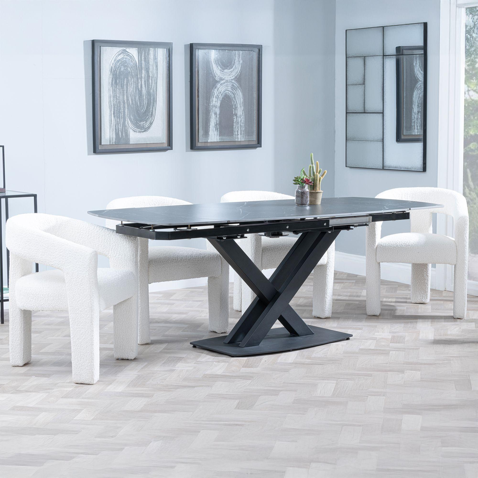 Arctic Extending Dining Set - 4-8 Seater - 140cm-200cm - Black Ceramic Swivel Top - Kiefer Dining Chair - Cream Boucle Fabric