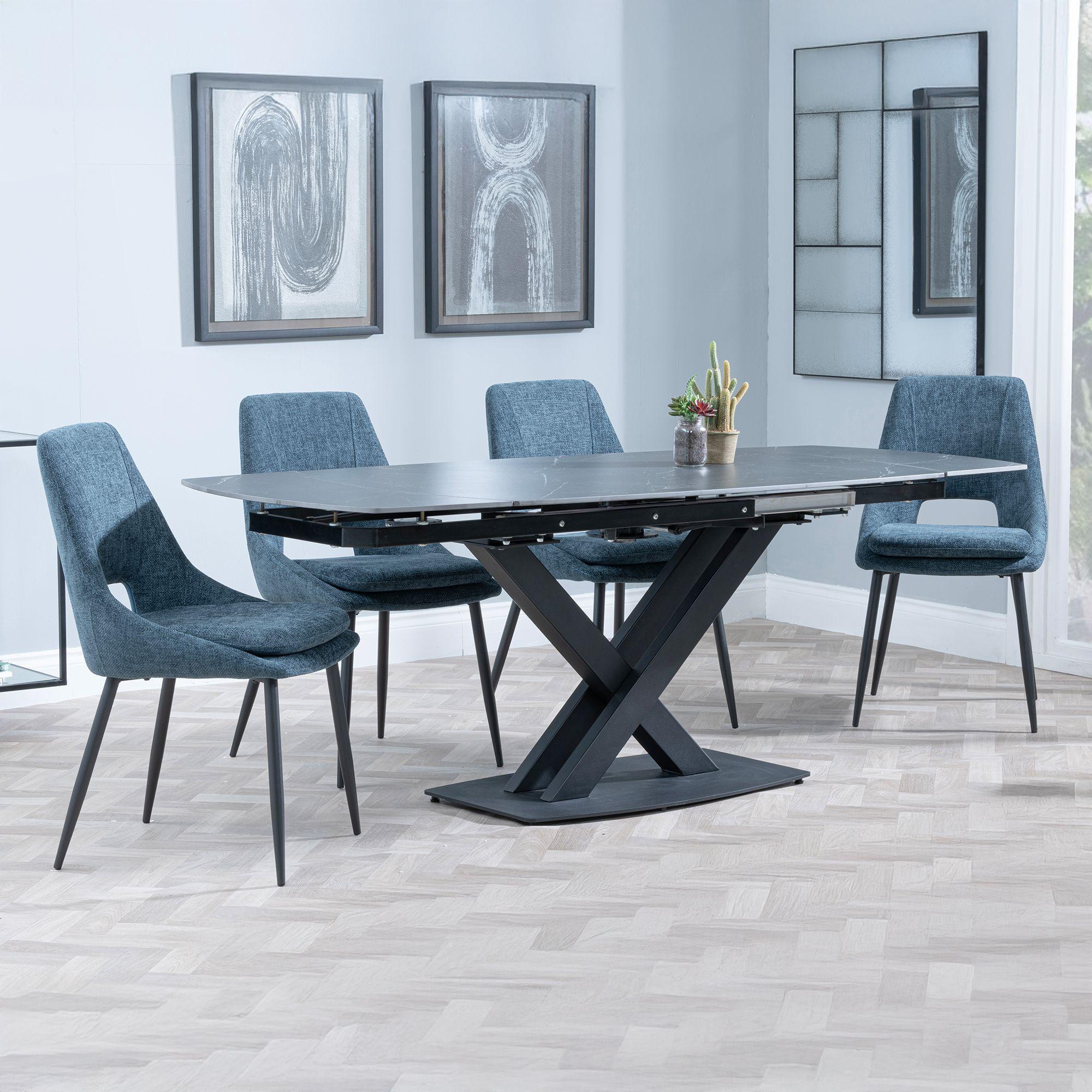 Arctic Extending Dining Set - 4-8 Seater - 140cm-200cm - Black Ceramic Swivel Top - Peyton Dining Chair - Blue Fabric