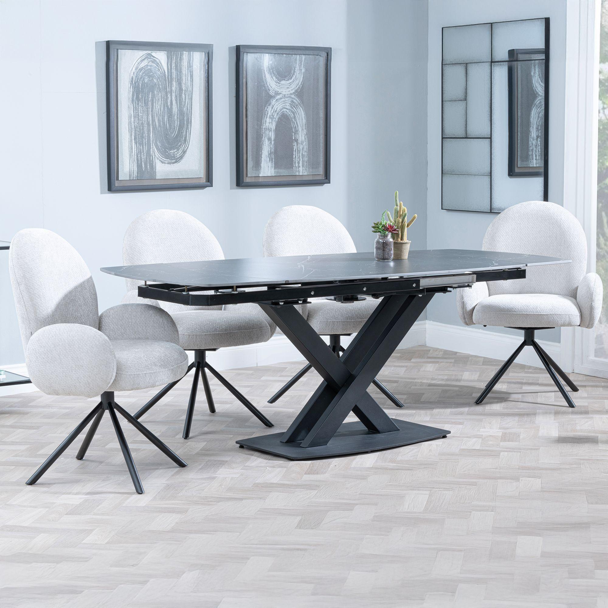 Arctic Extending Dining Set - 4-8 Seater - 140cm-200cm - Black Ceramic Swivel Top - Theo Swivel Dining Chair - Grey Fabric