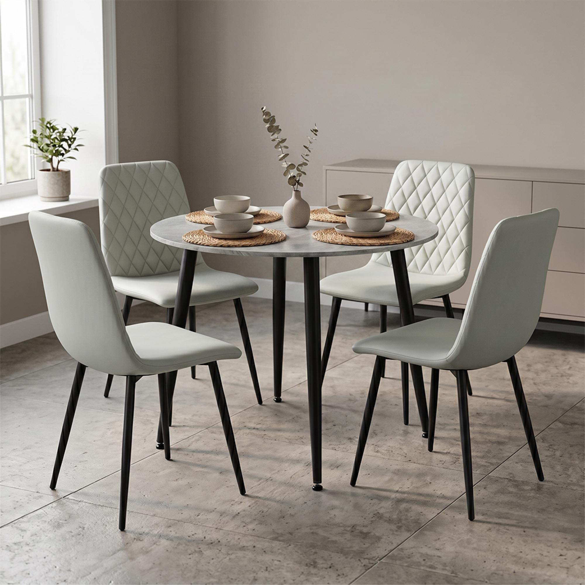Argenta Dining Set - 90cm - 4 Seater - Round - Light Grey and Black - Sintered Stone Top - 4 Chair
