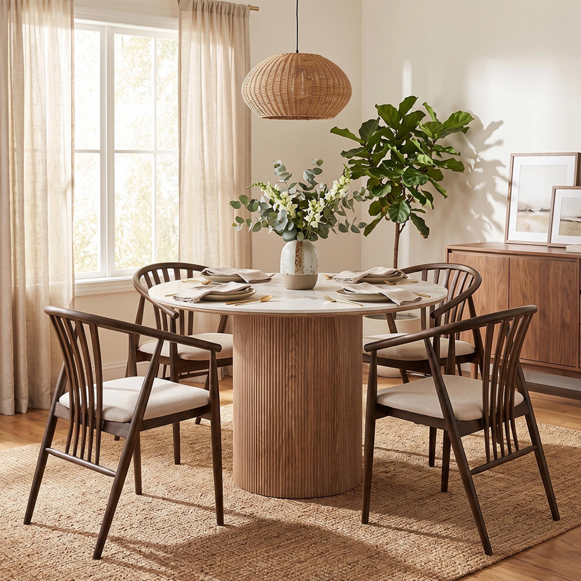 Athens Dining Set - 120cm - Round - Fluted Base - White and Brown - Ceramic and Wooden - 4 Agustin Spindle Back Chairs