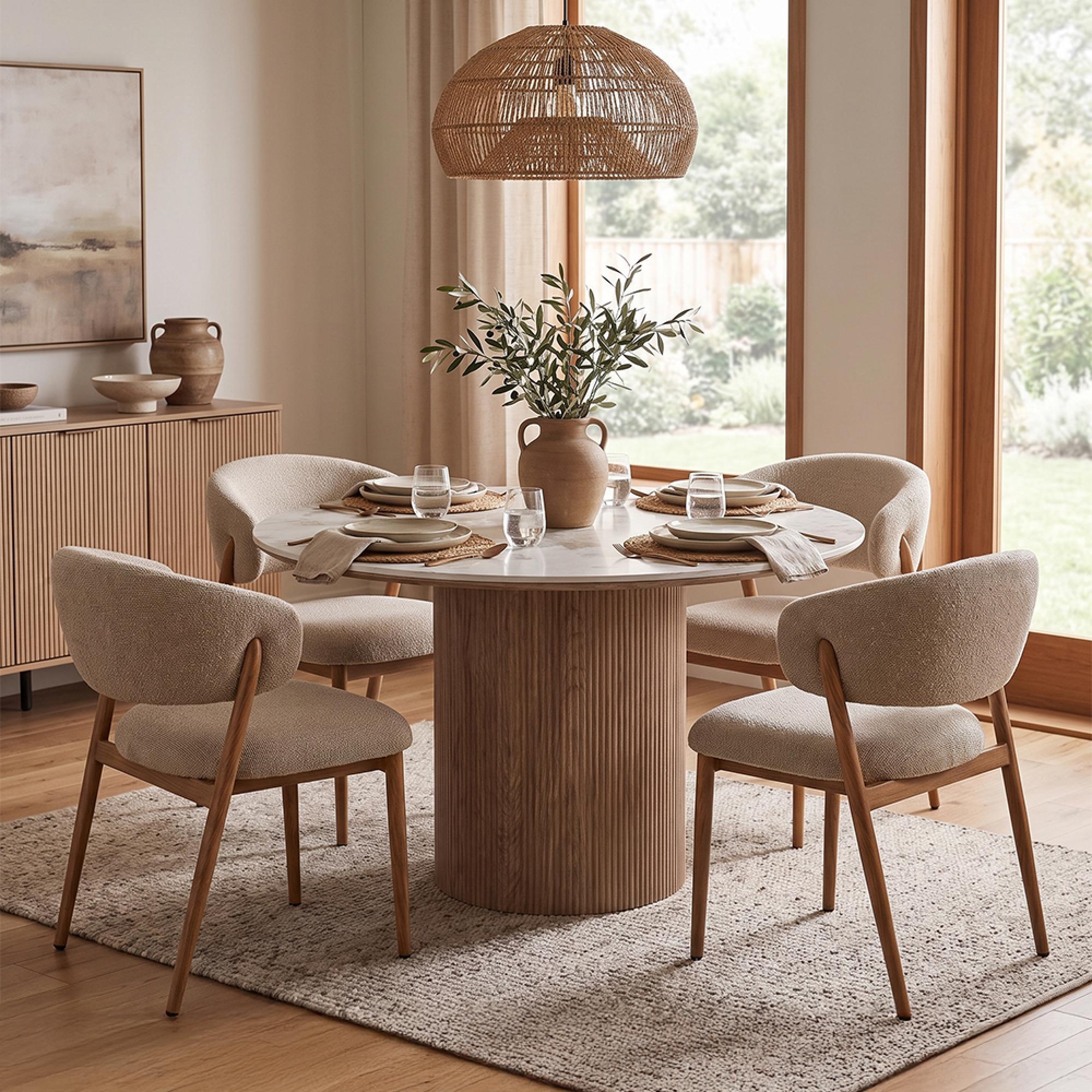 Athens Dining Set - 120cm - Round - Fluted Base - White and Brown - Ceramic and Wooden - 4 Cavi Chairs