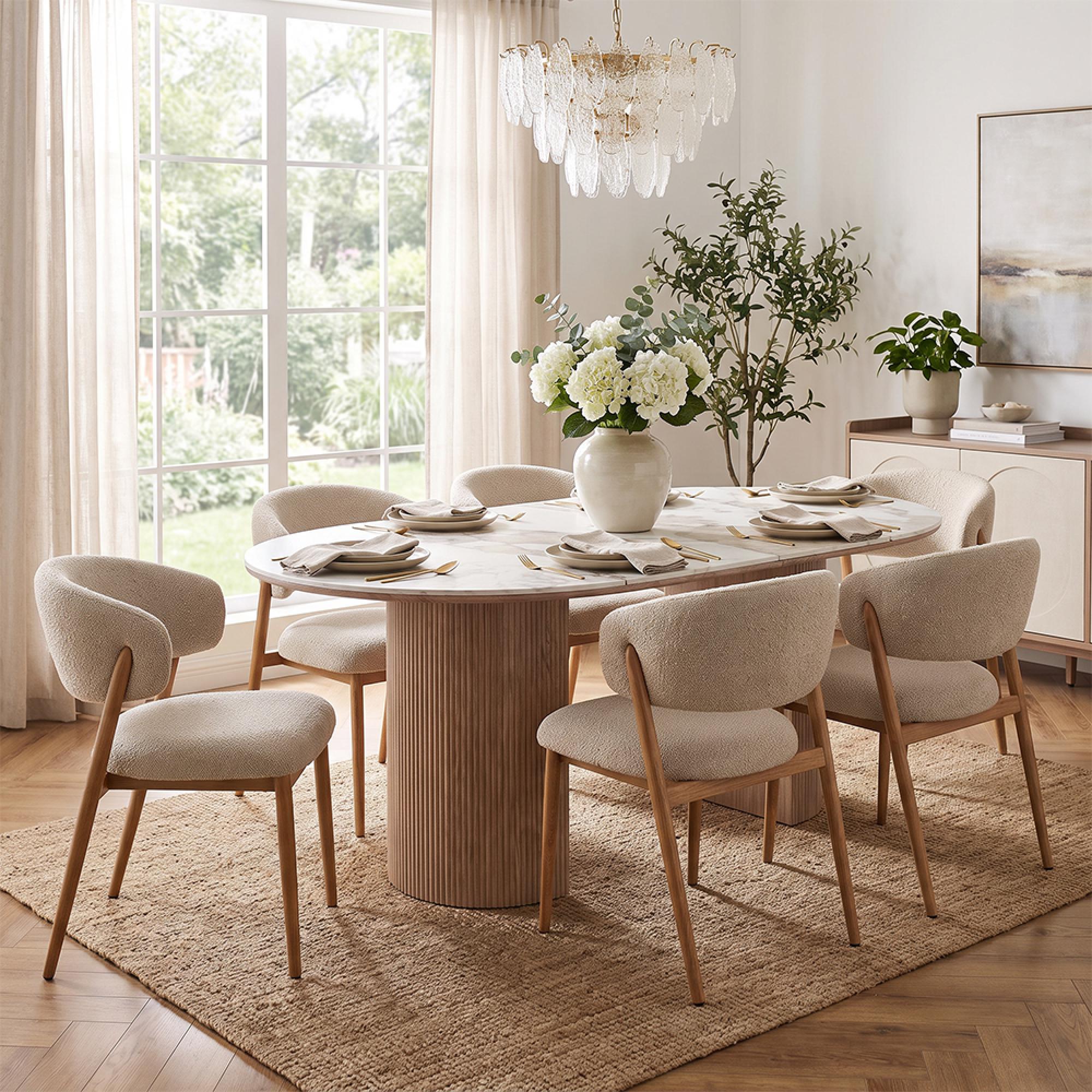 Athens Extending Dining Set - 120cm-200cm - Round - Fluted Base - White and Brown - Ceramic and Wooden - 6 Cavi Chairs