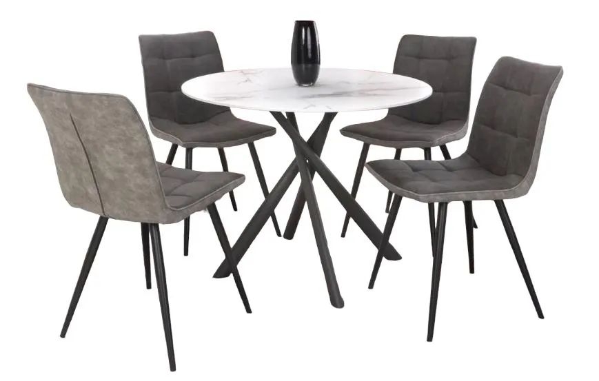 Avesta Dining Set - 4 Seater - 100cm - Round - White Marble Effect - 4 Rodeo Dark Grey Chairs