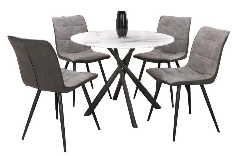 Avesta Dining Set - 4 Seater - 100cm - Round - White Marble Effect - 4 Rodeo Light Grey Chairs