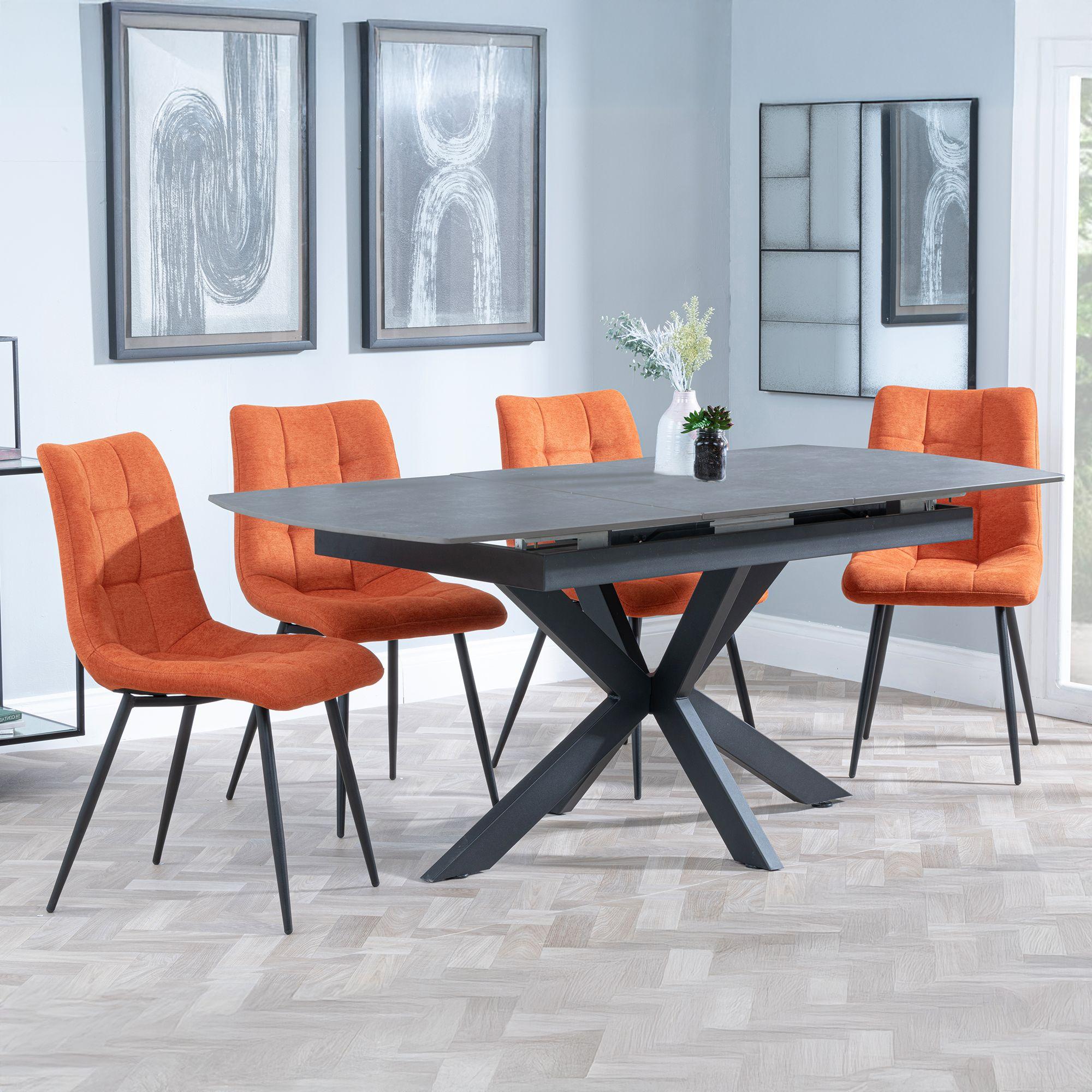 Bari Extending Dining Set - 4-6 Seater - 140cm-180cm - Grey Ceramic - Corona Dining Chair - Orange Fabric