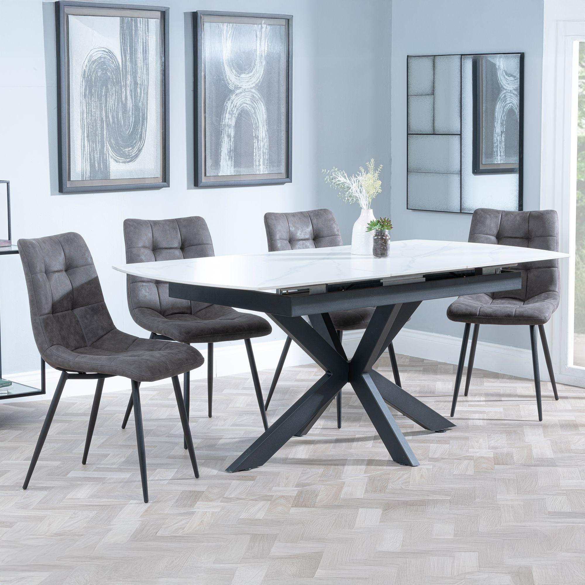 Bari Extending Dining Set - 4-6 Seater - 140cm-180cm - White Ceramic - Corona Dining Chair - Grey Fabric