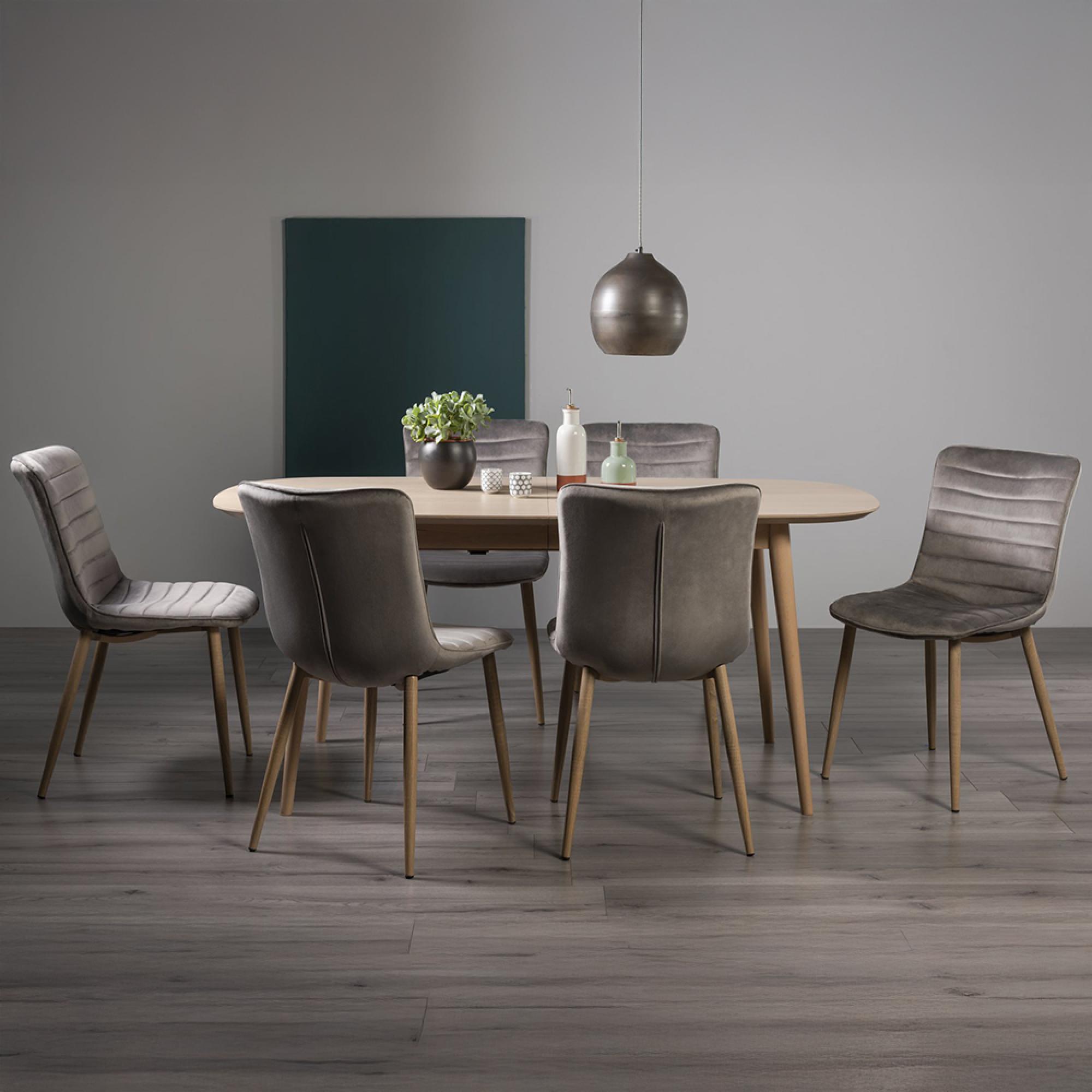 Dansk Scandi Oak Extending Dining Table Set - 6-8 Seater - 175cm-215cm - 6 Eriksen Grey Velvet Chairs