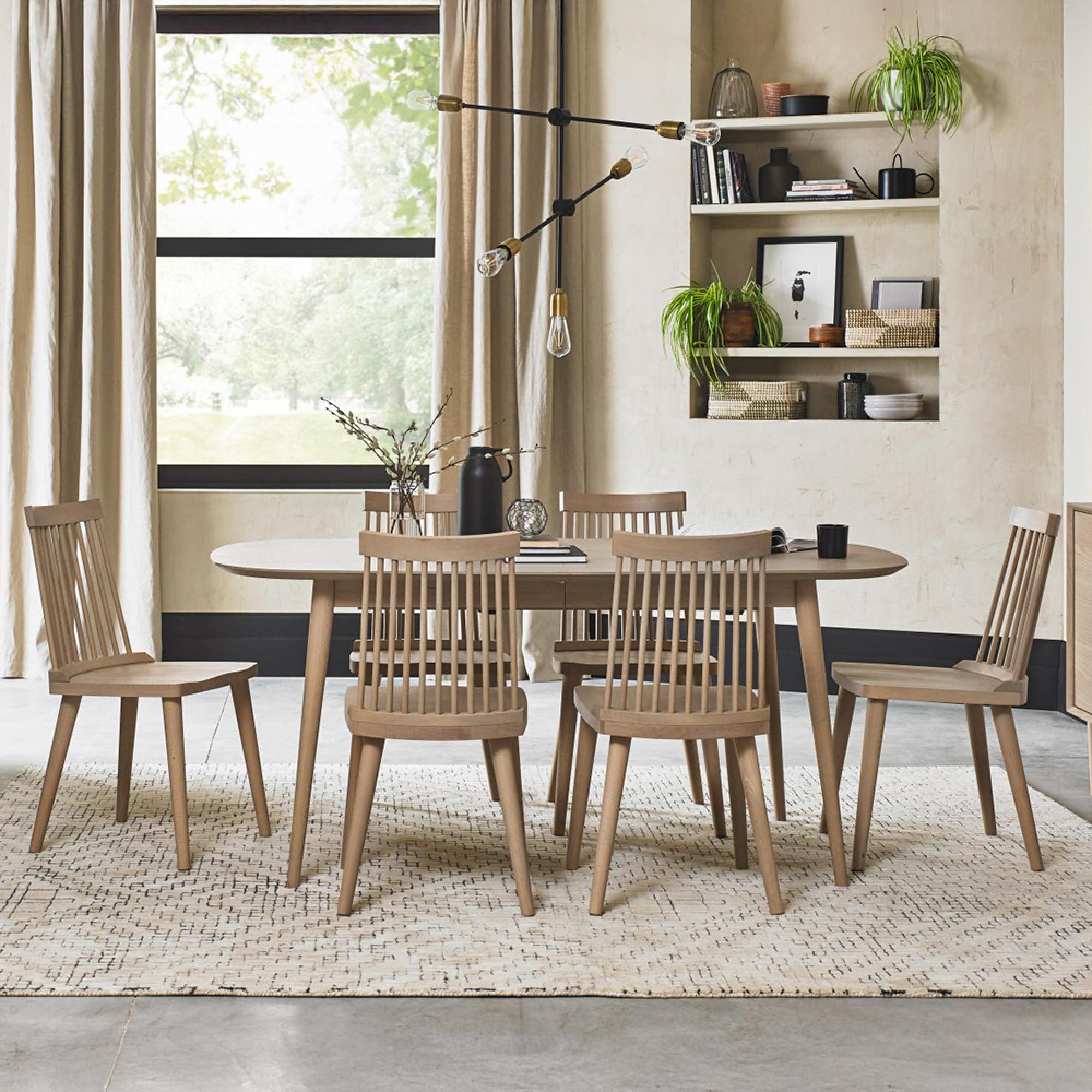 Dansk Scandi Oak Extending Dining Table Set - 6-8 Seater - 175cm-215cm - 6 Ilva Spindle Chairs - Scandi Oak