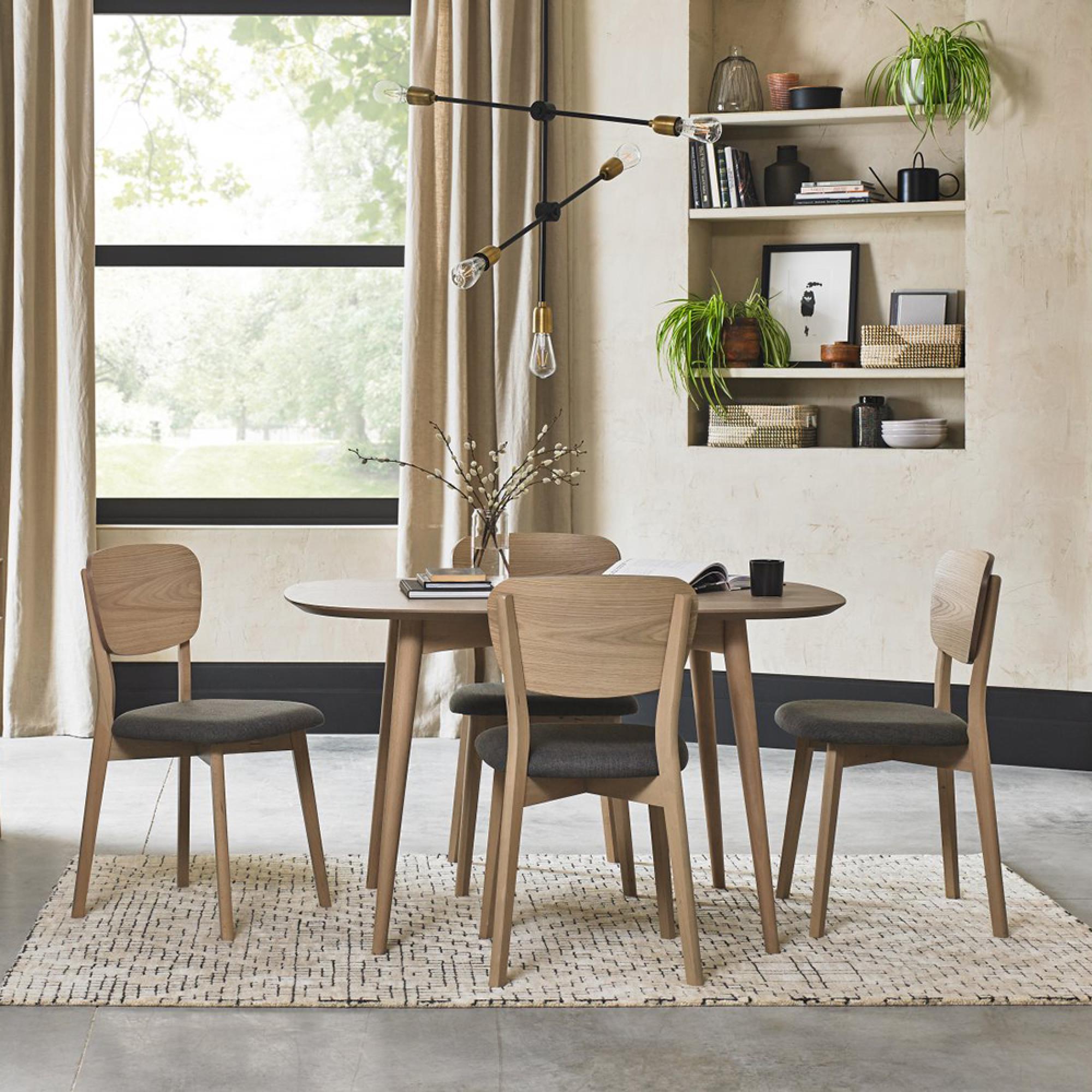 Dansk Scandi Oak Dining Table Set - Cold Steel Fabric Veneer Back Chairs