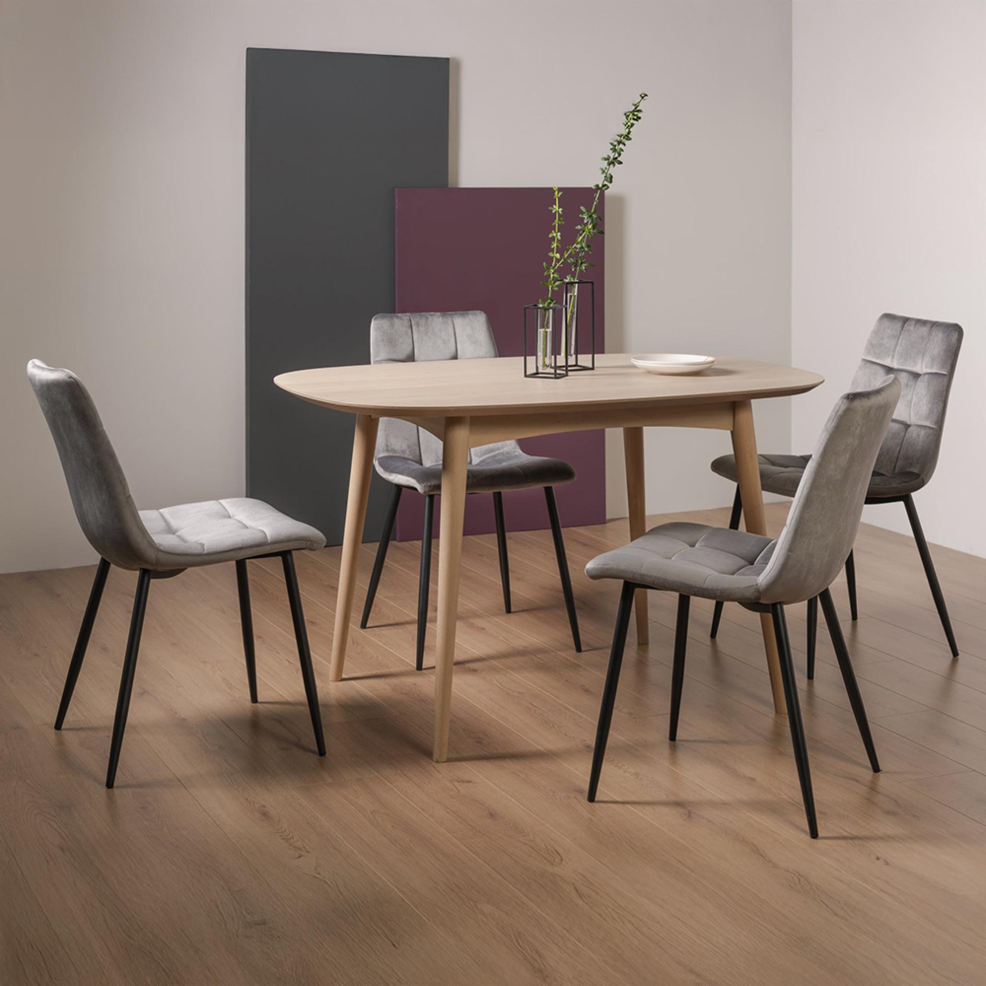 Dansk Scandi Oak Dining Table Set - Mondrian Dark Grey Velvet Fabric Chairs